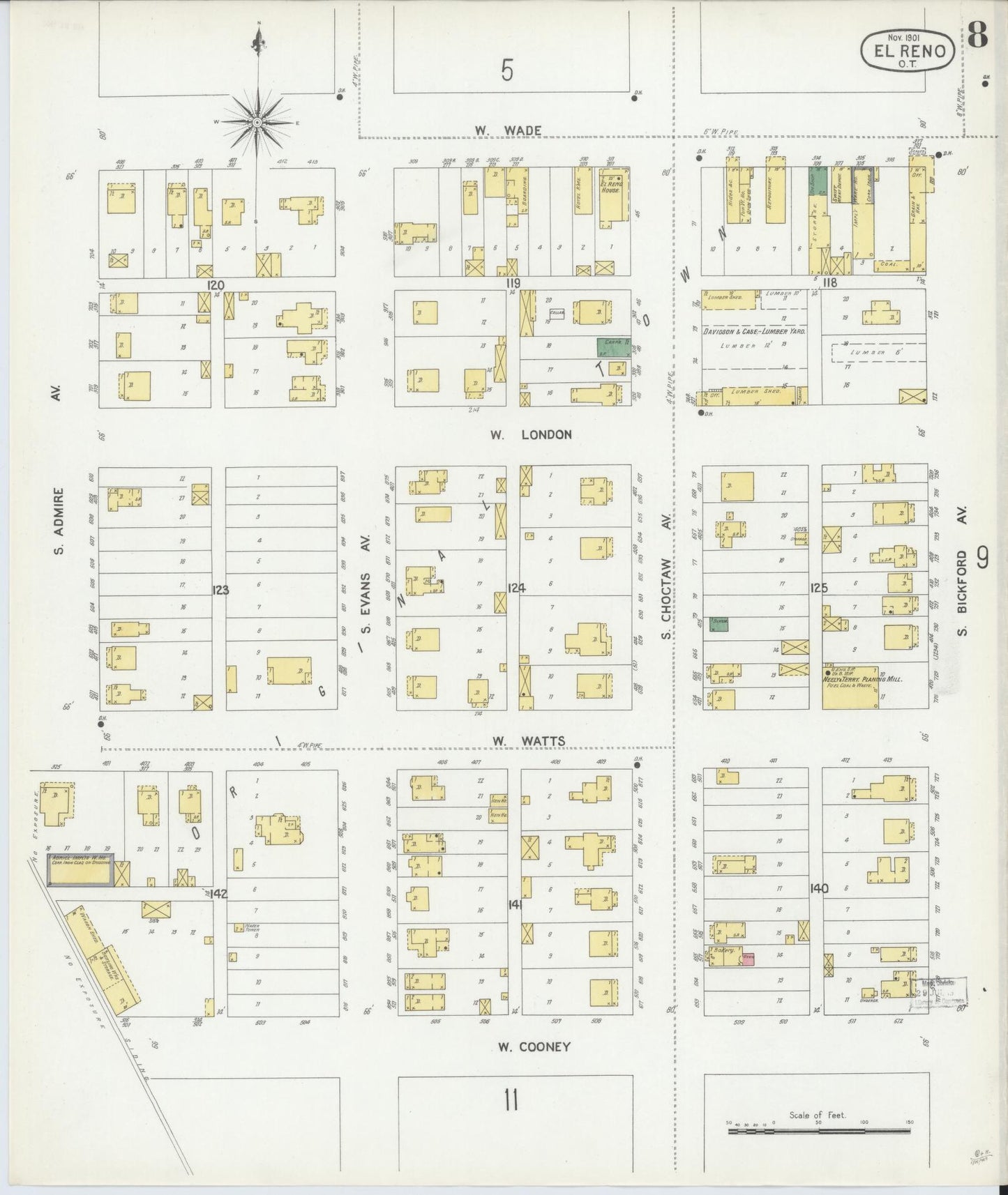 Sanborn Fire Insurance Map from El Reno, Canadian County, Oklahoma (1901), Sheet #0008 - Historic Sanborn Fire Insurance Map Print, vintage old map wall art, antique decor, genealogy gift, Oklahoma Oklahoma map