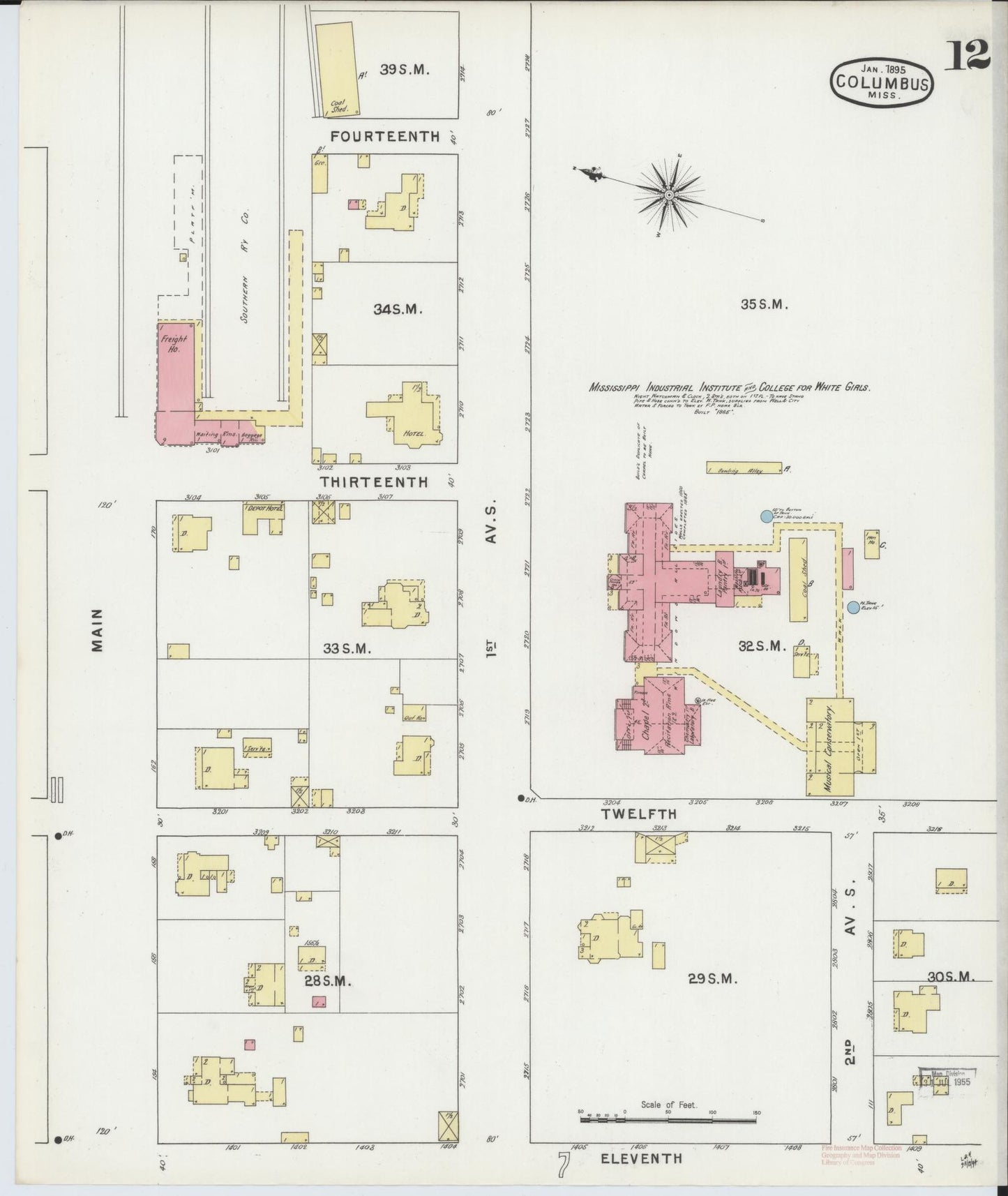 Sanborn Fire Insurance Map from Columbus, Lowndes County, Mississippi (1895), Sheet #0012 - Historic Sanborn Fire Insurance Map Print, vintage old map wall art, antique decor, genealogy gift, Mississippi Mississippi map