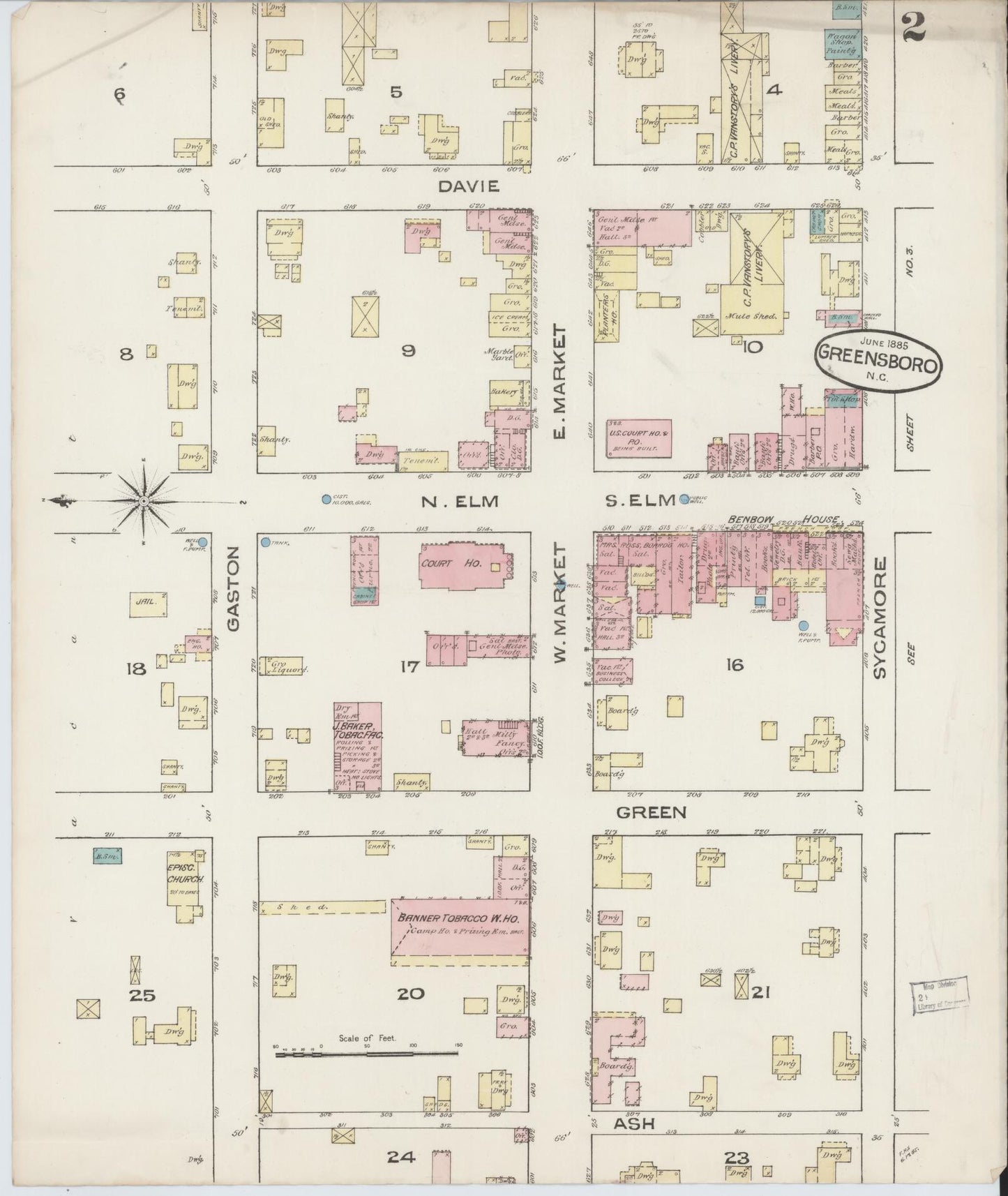 Sanborn Fire Insurance Map from Greensboro, Guilford County, North Carolina (1885), Sheet #0002 - Historic Sanborn Fire Insurance Map Print, vintage old map wall art, antique decor, genealogy gift, North Carolina North Carolina map