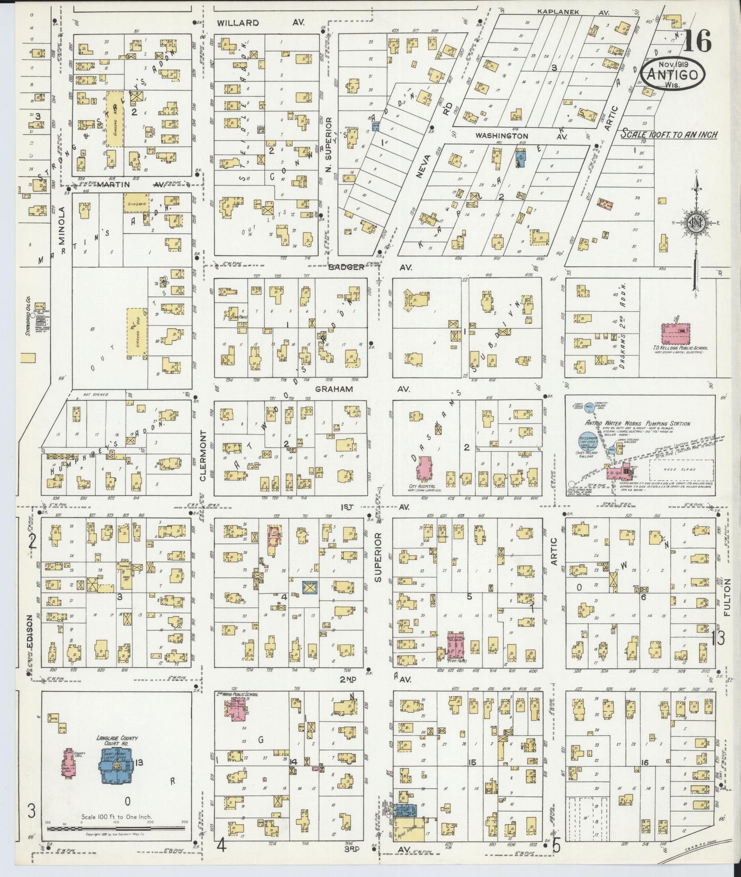 Sanborn Fire Insurance Map from Antigo, Langlade County, Wisconsin (1919), Sheet #0016 - Historic Sanborn Fire Insurance Map Print, vintage old map wall art, antique decor, genealogy gift, Wisconsin Wisconsin map
