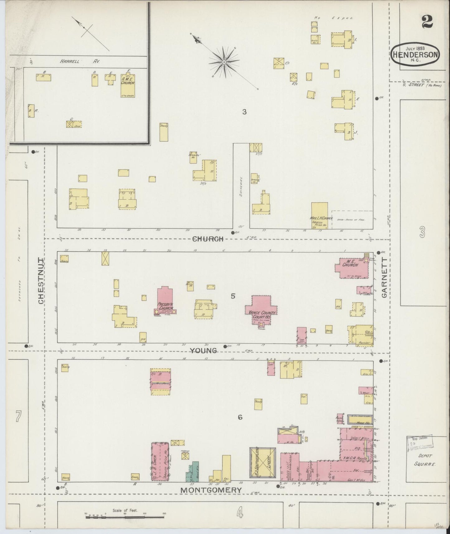 Sanborn Fire Insurance Map from Henderson, Vance County, North Carolina (1893), Sheet #0002 - Historic Sanborn Fire Insurance Map Print, vintage old map wall art, antique decor, genealogy gift, North Carolina North Carolina map