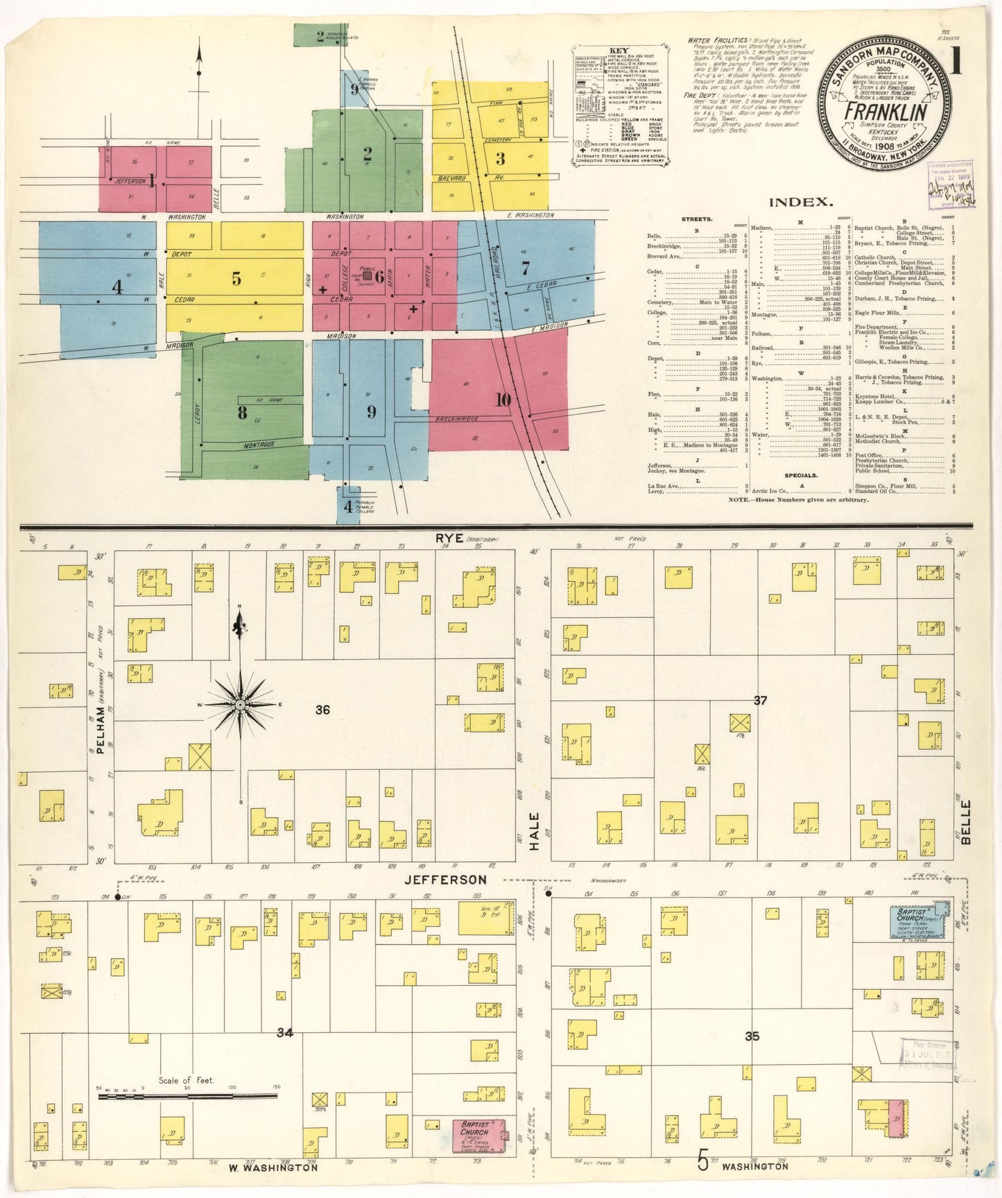Sanborn Fire Insurance Map from Franklin, Simpson County, Kentucky (1908), Sheet #0001 - Historic Sanborn Fire Insurance Map Print, vintage old map wall art, antique decor, genealogy gift, Kentucky Kentucky map