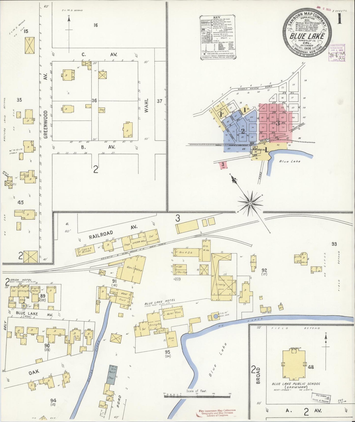 Sanborn Fire Insurance Map from Blue Lake, Humboldt County, California (1908), Sheet #0001 - Historic Sanborn Fire Insurance Map Print, vintage old map wall art, antique decor, genealogy gift, California California map