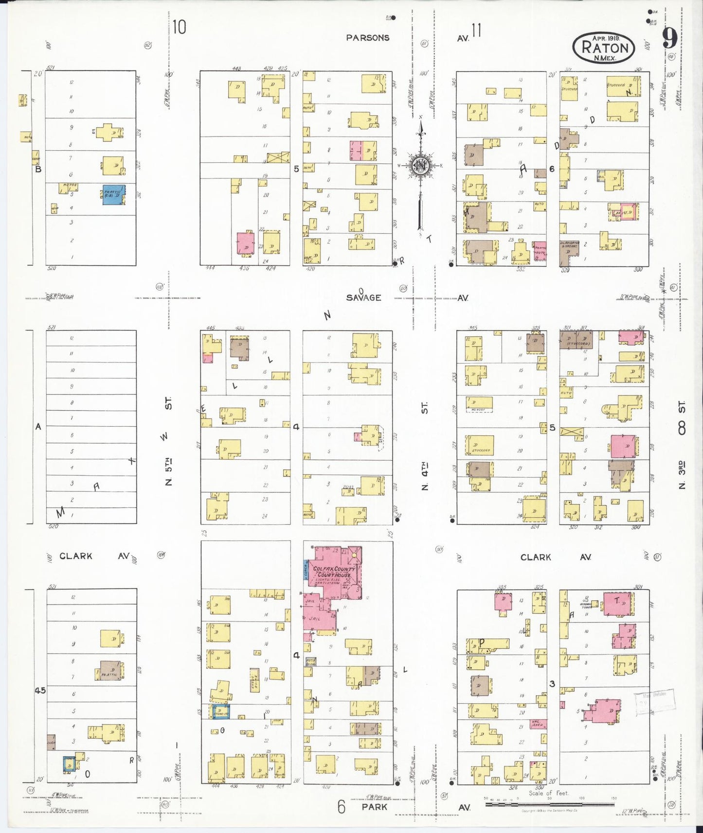Sanborn Fire Insurance Map from Raton, Colfax County, New Mexico (1919), Sheet #0009 - Historic Sanborn Fire Insurance Map Print, vintage old map wall art, antique decor, genealogy gift, New Mexico New Mexico map