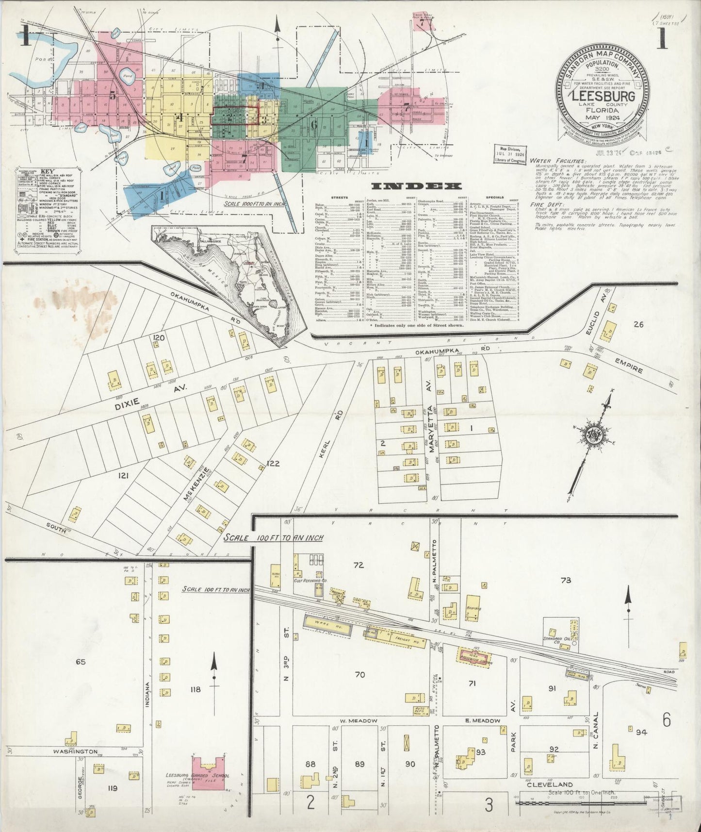 Sanborn Fire Insurance Map from Leesburg, Lake County, Florida (1924), Sheet #0001 - Historic Sanborn Fire Insurance Map Print, vintage old map wall art, antique decor, genealogy gift, Florida Florida map