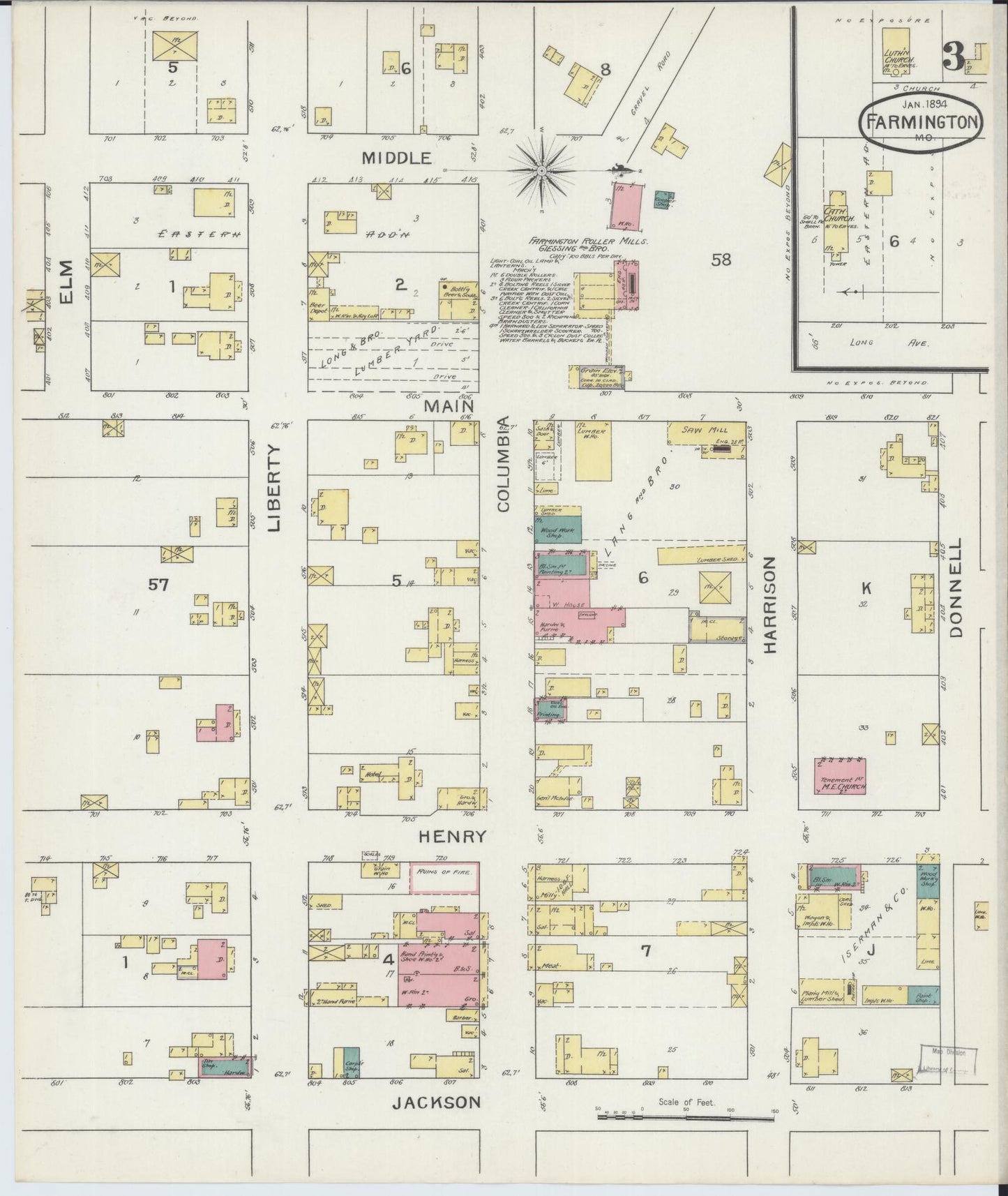Sanborn Fire Insurance Map from Farmington, Saint Francois County, Missouri (1894), Sheet #0003 - Historic Sanborn Fire Insurance Map Print, vintage old map wall art, antique decor, genealogy gift, Missouri Missouri map