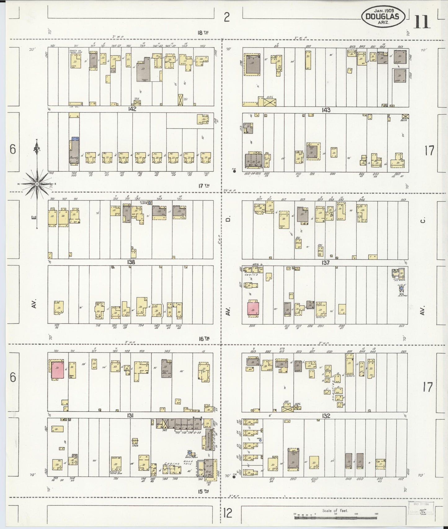Sanborn Fire Insurance Map from Douglas, Cochise County, Arizona (1909), Sheet #0011 - Historic Sanborn Fire Insurance Map Print, vintage old map wall art, antique decor, genealogy gift, Arizona Arizona map