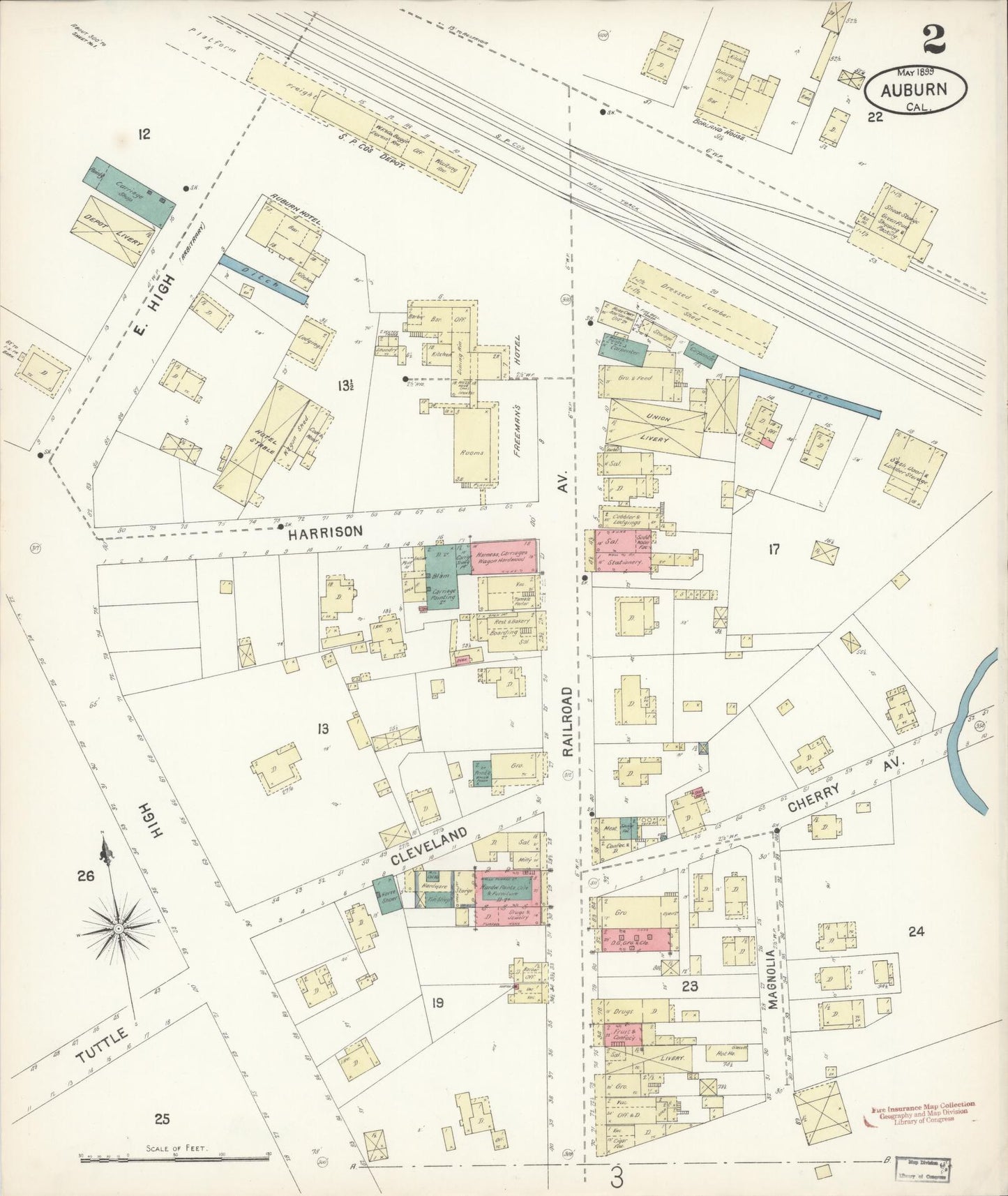 Sanborn Fire Insurance Map from Auburn, Placer County, California (1899), Sheet #0002 - Historic Sanborn Fire Insurance Map Print, vintage old map wall art, antique decor, genealogy gift, California California map