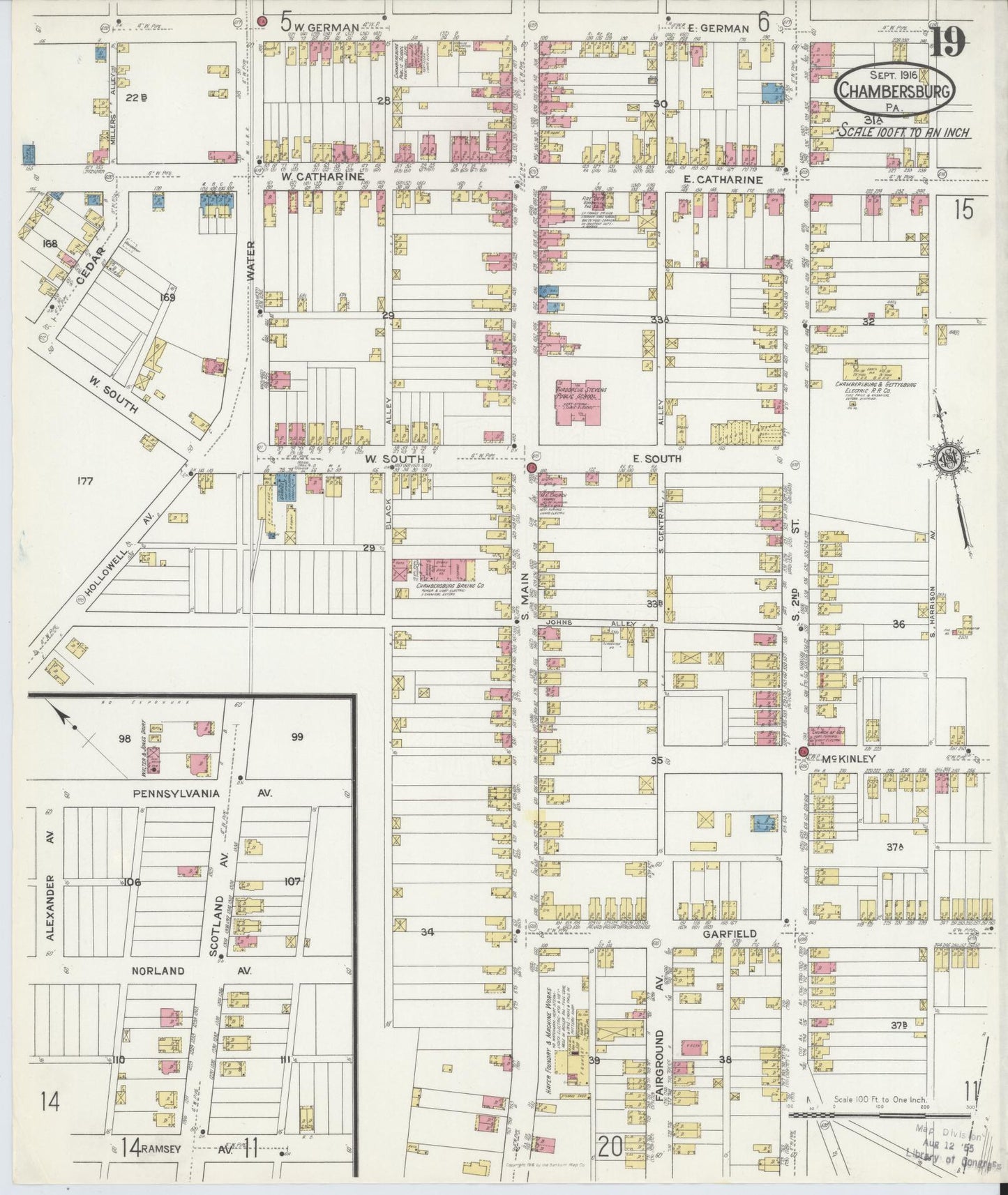 Sanborn Fire Insurance Map from Chambersburg, Franklin County, Pennsylvania (1916), Sheet #0019 - Historic Sanborn Fire Insurance Map Print, vintage old map wall art, antique decor, genealogy gift, Pennsylvania Pennsylvania map