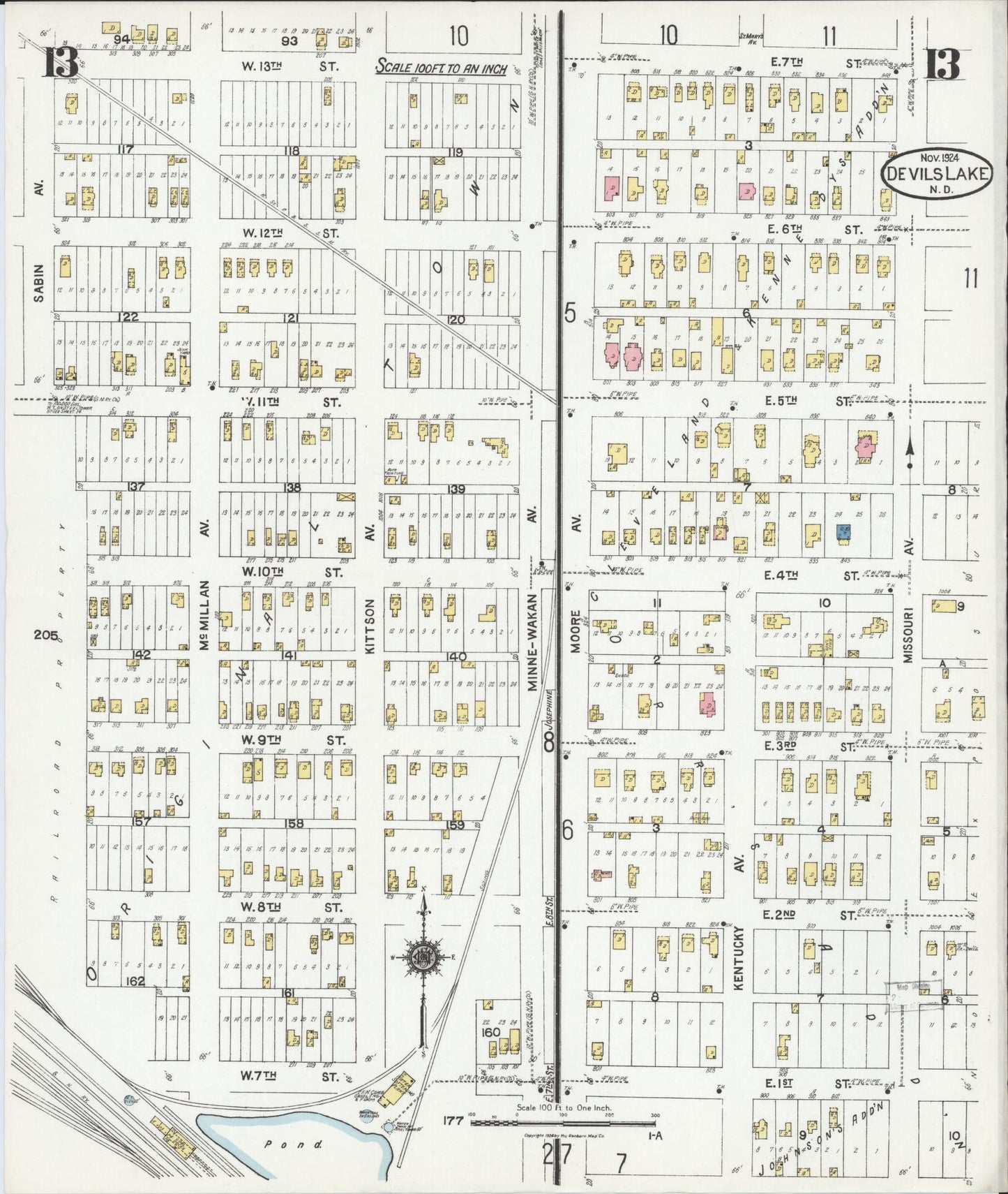 Sanborn Fire Insurance Map from Devils Lake, Ramsey County, North Dakota (1924), Sheet #0013 - Historic Sanborn Fire Insurance Map Print, vintage old map wall art, antique decor, genealogy gift, North Dakota North Dakota map