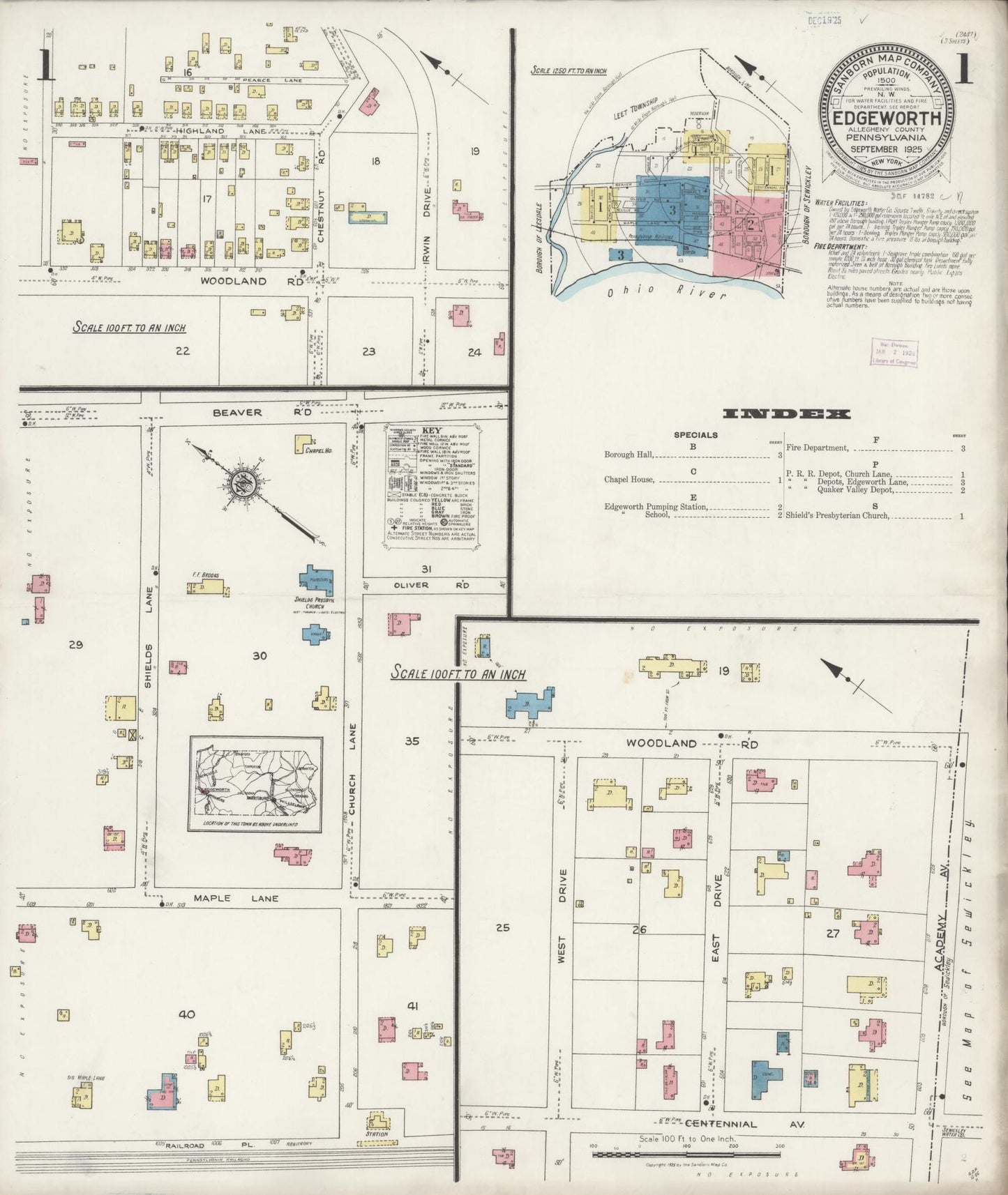 Sanborn Fire Insurance Map from Edgeworth, Allegheny County, Pennsylvania (1925), Sheet #0001 - Historic Sanborn Fire Insurance Map Print, vintage old map wall art, antique decor, genealogy gift, Pennsylvania Pennsylvania map
