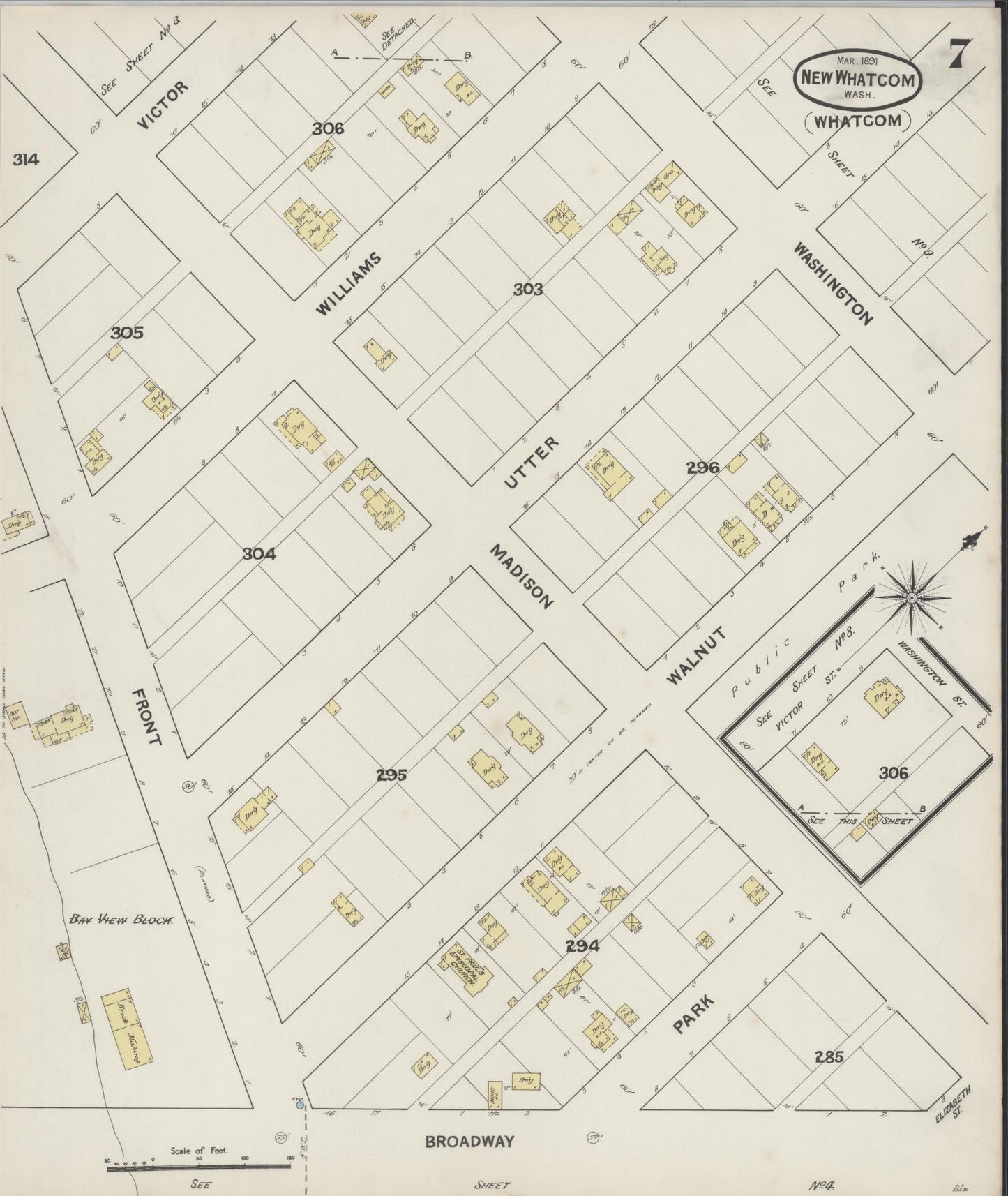 Sanborn Fire Insurance Map from New Whatcom, Whatcom County, Washington (1891), Sheet #0007 - Historic Sanborn Fire Insurance Map Print, vintage old map wall art, antique decor, genealogy gift, Washington Washington map