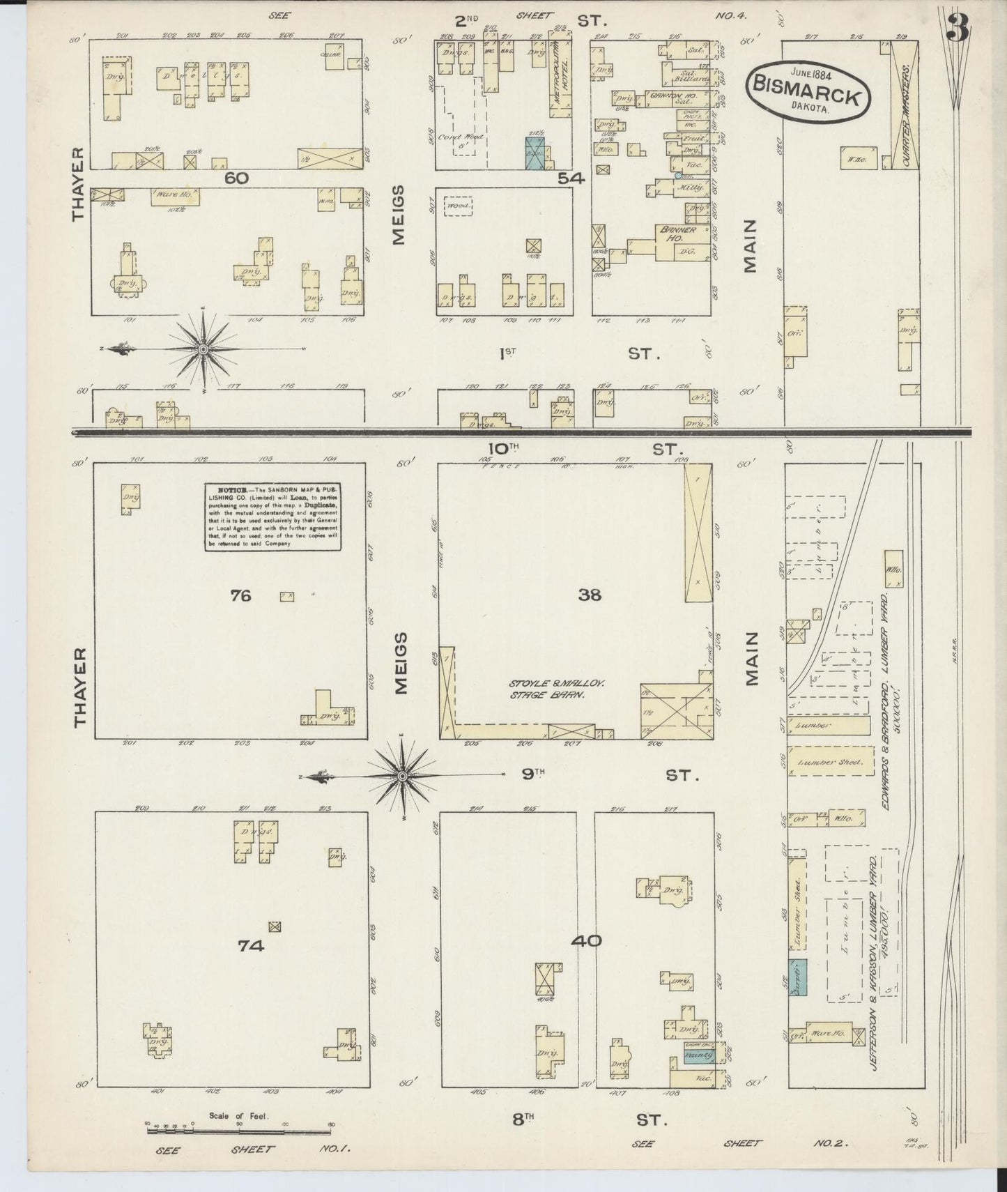 Sanborn Fire Insurance Map from Bismarck, Burleigh County, North Dakota (1884), Sheet #0003 - Historic Sanborn Fire Insurance Map Print, vintage old map wall art, antique decor, genealogy gift, North Dakota North Dakota map