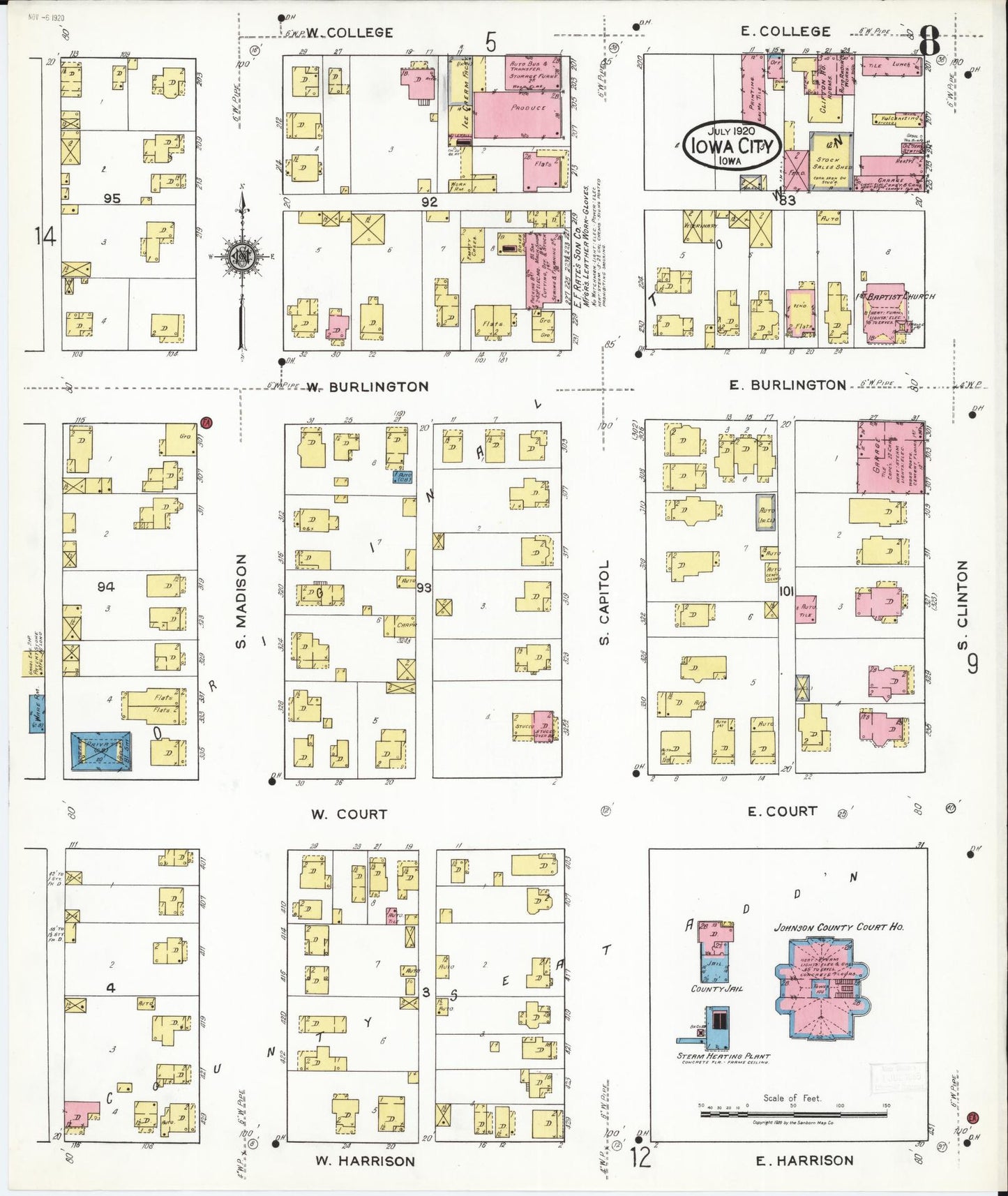 Sanborn Fire Insurance Map from Iowa City, Johnson County, Iowa (1920), Sheet #0008 - Historic Sanborn Fire Insurance Map Print, vintage old map wall art