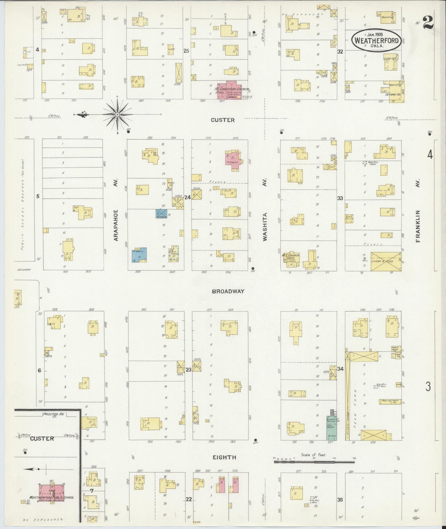 Sanborn Fire Insurance Map from Weatherford, Custer County, Oklahoma (1909), Sheet #0002 - Historic Sanborn Fire Insurance Map Print, vintage old map wall art, antique decor, genealogy gift, Oklahoma Oklahoma map