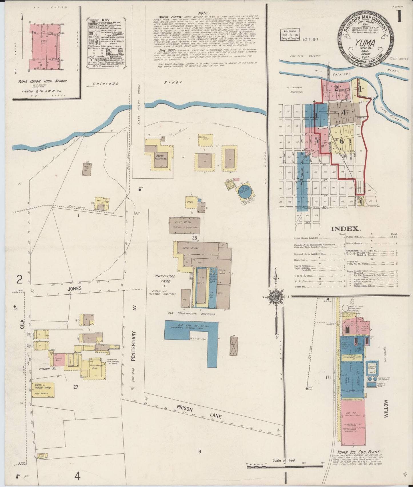 Sanborn Fire Insurance Map from Yuma, Yuma County, Arizona (1917), Sheet #0001 - Historic Sanborn Fire Insurance Map Print, vintage old map wall art, antique decor, genealogy gift, Arizona Arizona map