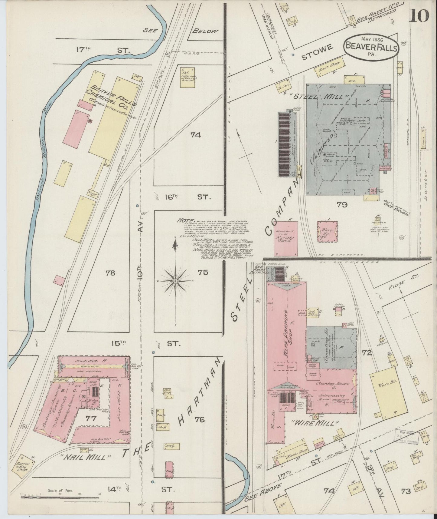 Sanborn Fire Insurance Map from Beaver Falls, Beaver County, Pennsylvania (1886), Sheet #0010 - Historic Sanborn Fire Insurance Map Print, vintage old map wall art, antique decor, genealogy gift, Pennsylvania Pennsylvania map
