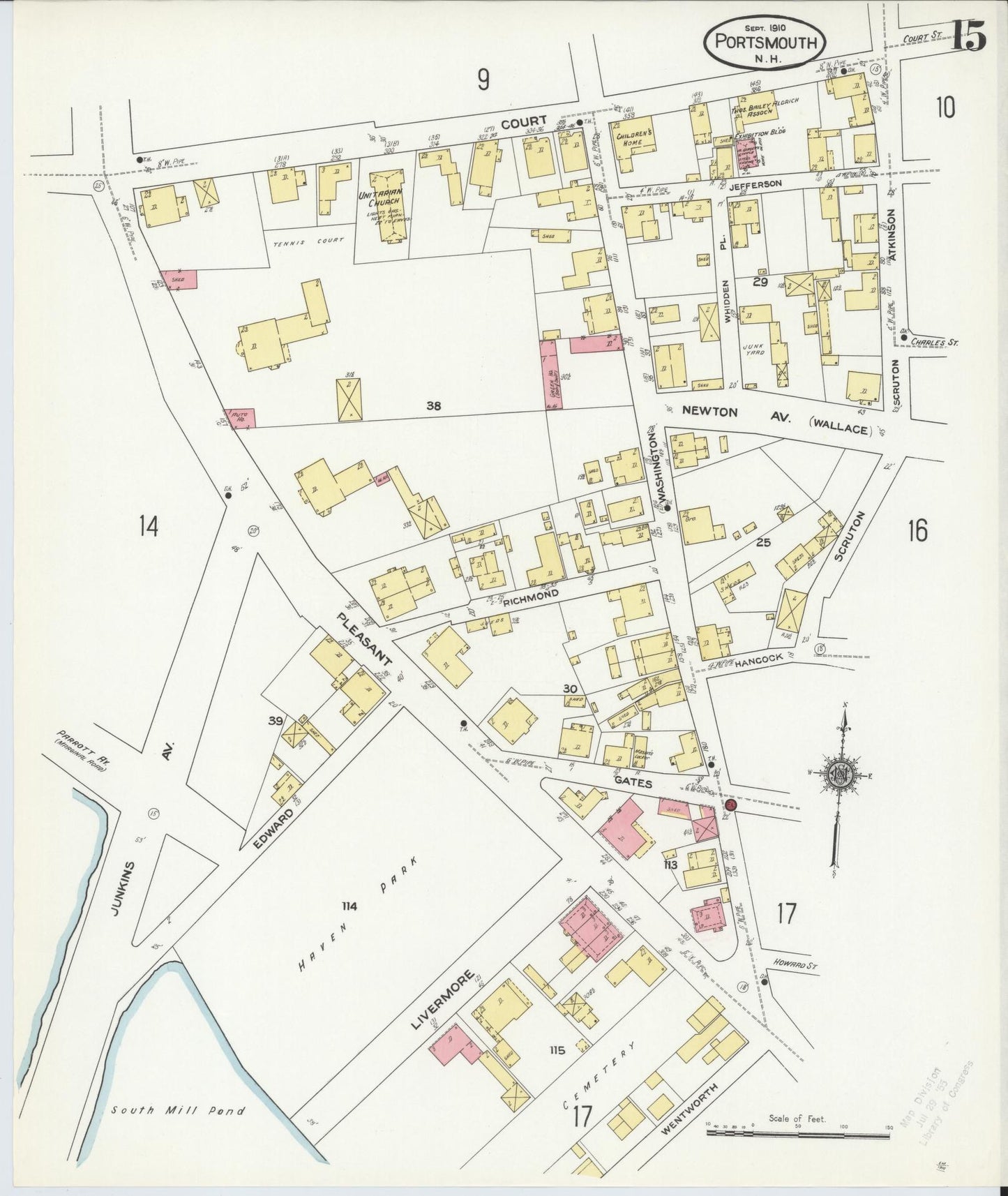 Sanborn Fire Insurance Map from Portsmouth, Rockingham County, New Hampshire (1910), Sheet #0015 - Historic Sanborn Fire Insurance Map Print, vintage old map wall art, antique decor, genealogy gift, New Hampshire New Hampshire map