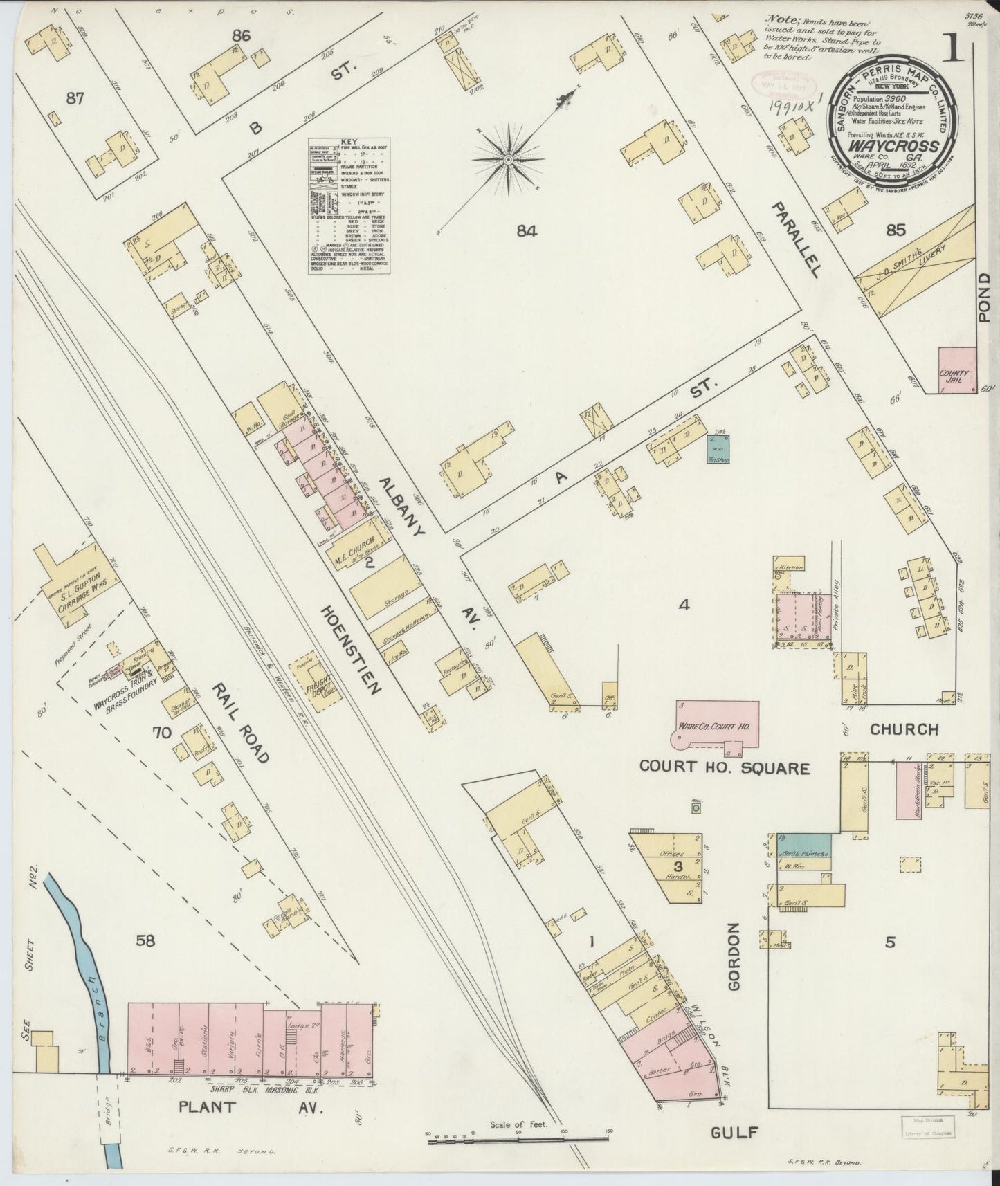 Sanborn Fire Insurance Map from Waycross, Ware County, Georgia. (1892) – Historic Sanborn Fire Insurance Map Print