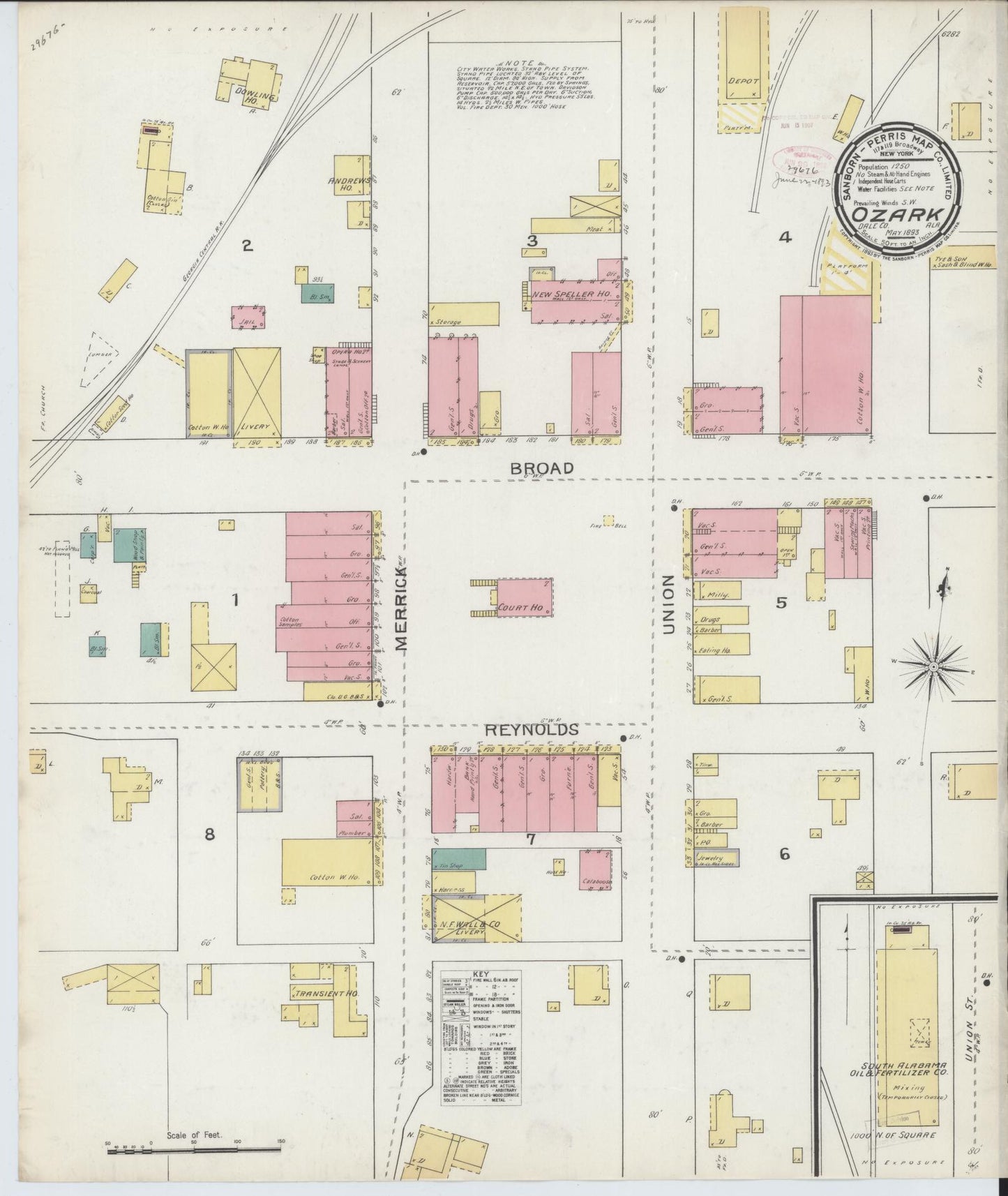 Sanborn Fire Insurance Map from Ozark, Dale County, Alabama (1893), Sheet #0001 - Historic Sanborn Fire Insurance Map Print, vintage old map wall art, antique decor, genealogy gift, Alabama Alabama map