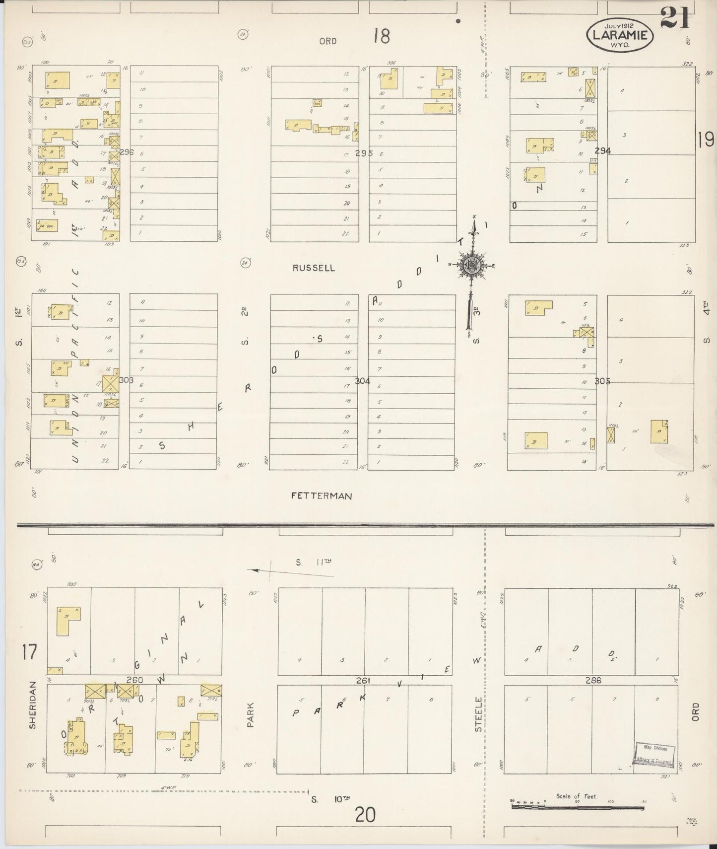 Sanborn Fire Insurance Map from Laramie, Albany County, Wyoming (1912), Sheet #0021 - Historic Sanborn Fire Insurance Map Print, vintage old map wall art, antique decor, genealogy gift, Wyoming Wyoming map