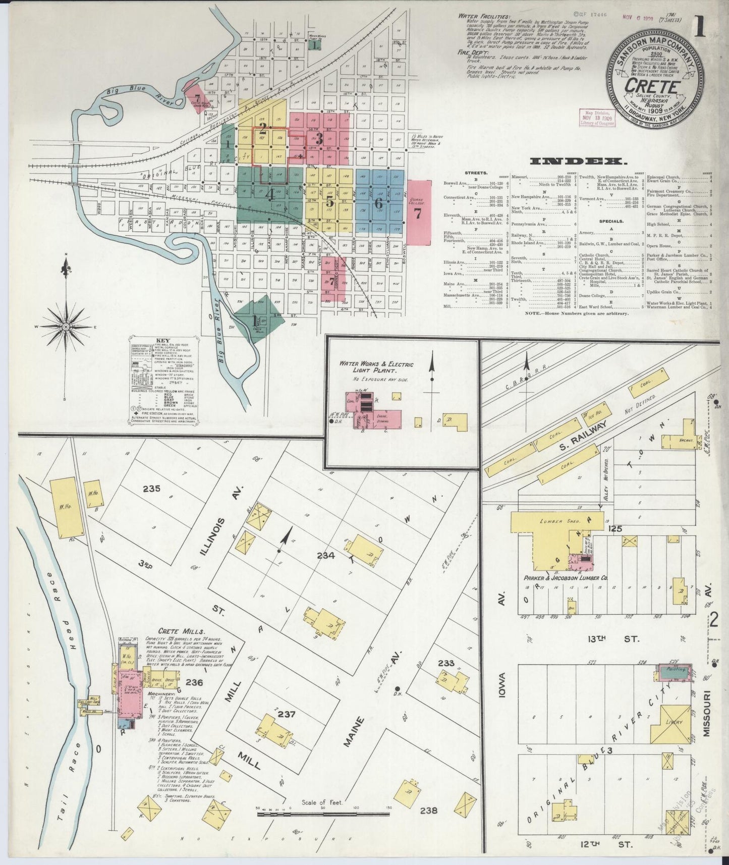 Sanborn Fire Insurance Map from Crete, Saline County, Nebraska (1909), Sheet #0001 - Historic Sanborn Fire Insurance Map Print, vintage old map wall art, antique decor, genealogy gift, Nebraska Nebraska map