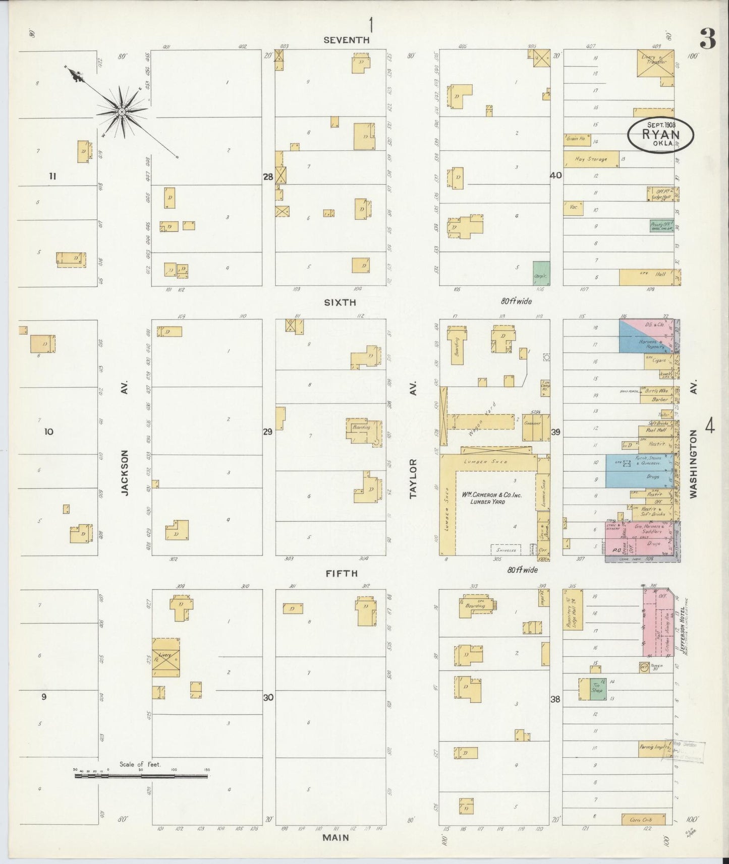 Sanborn Fire Insurance Map from Ryan, Jefferson County, Oklahoma (1908), Sheet #0003 - Historic Sanborn Fire Insurance Map Print, vintage old map wall art, antique decor, genealogy gift, Oklahoma Oklahoma map