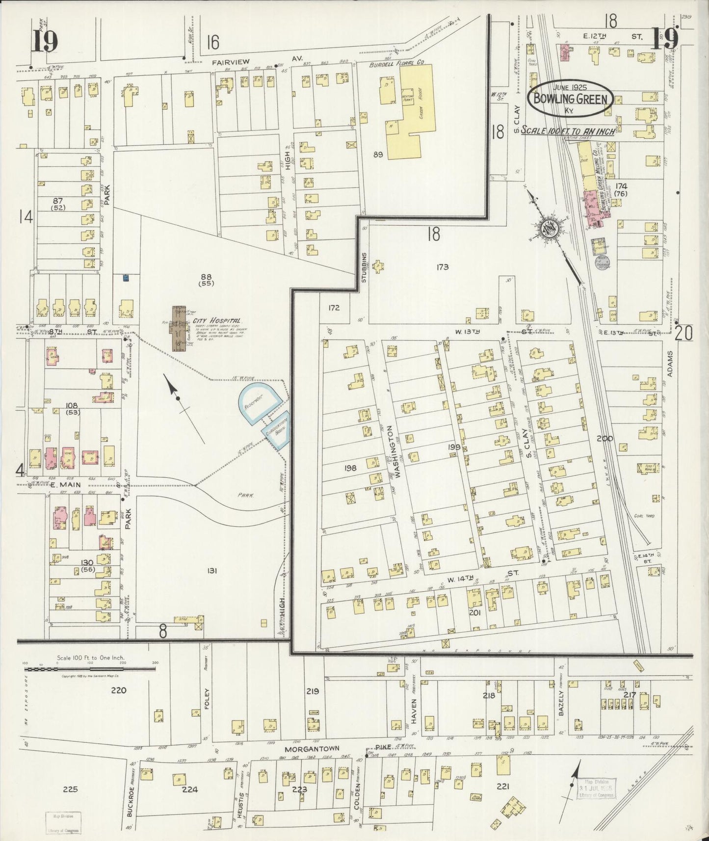 Sanborn Fire Insurance Map from Bowling Green, Warren County, Kentucky (1925), Sheet #0019 - Historic Sanborn Fire Insurance Map Print, vintage old map wall art, antique decor, genealogy gift, Kentucky Kentucky map