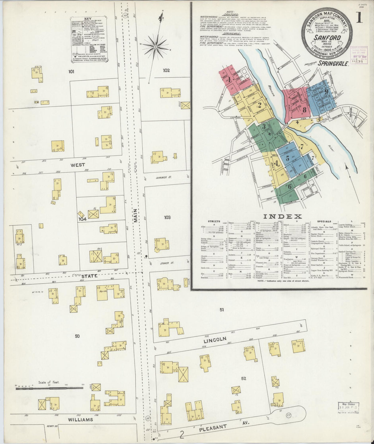 Sanborn Fire Insurance Map from Sanford, York County, Maine (1906), Sheet #0001 - Historic Sanborn Fire Insurance Map Print, vintage old map wall art, antique decor, genealogy gift, Maine Maine map