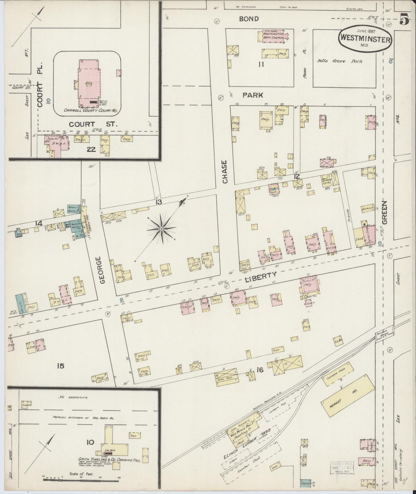 Sanborn Fire Insurance Map from Westminster, Carroll County, Maryland (1887), Sheet #0005 - Historic Sanborn Fire Insurance Map Print, vintage old map wall art, antique decor, genealogy gift, Maryland Maryland map