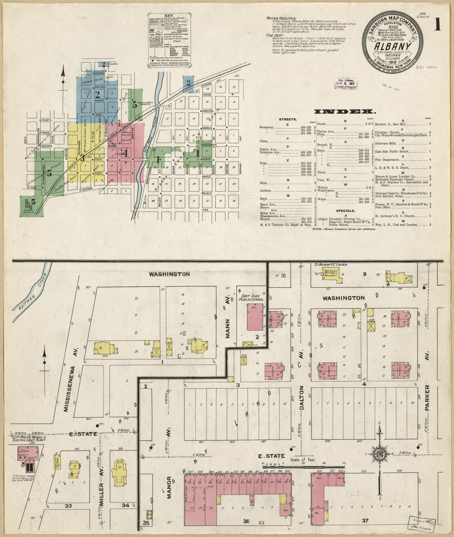 Sanborn Fire Insurance Map from Albany, Delaware County, Indiana (1910), Sheet #0001 - Historic Sanborn Fire Insurance Map Print, vintage old map wall art, antique decor, genealogy gift, Albany Delaware map