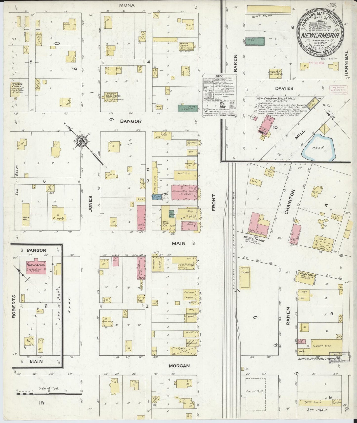 Sanborn Fire Insurance Map from New Cambria, Macon County, Missouri (1910), Sheet #0001 - Historic Sanborn Fire Insurance Map Print, vintage old map wall art, antique decor, genealogy gift, Missouri Missouri map