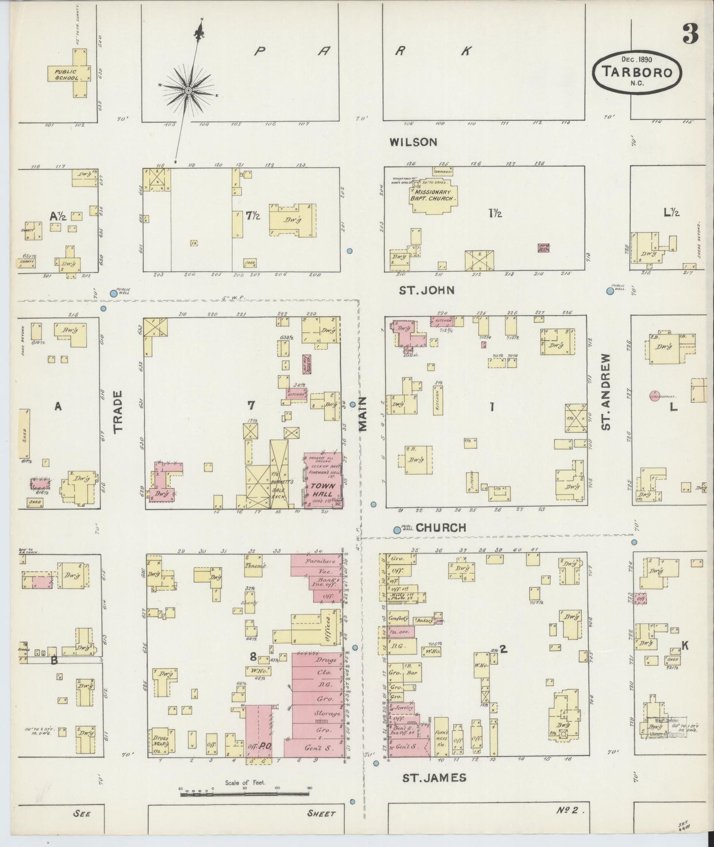 Sanborn Fire Insurance Map from Tarboro, Edgecombe County, North Carolina (1890), Sheet #0003 - Complete Map Set gallery image, historic Sanborn map, vintage wall art, North Carolina North Carolina