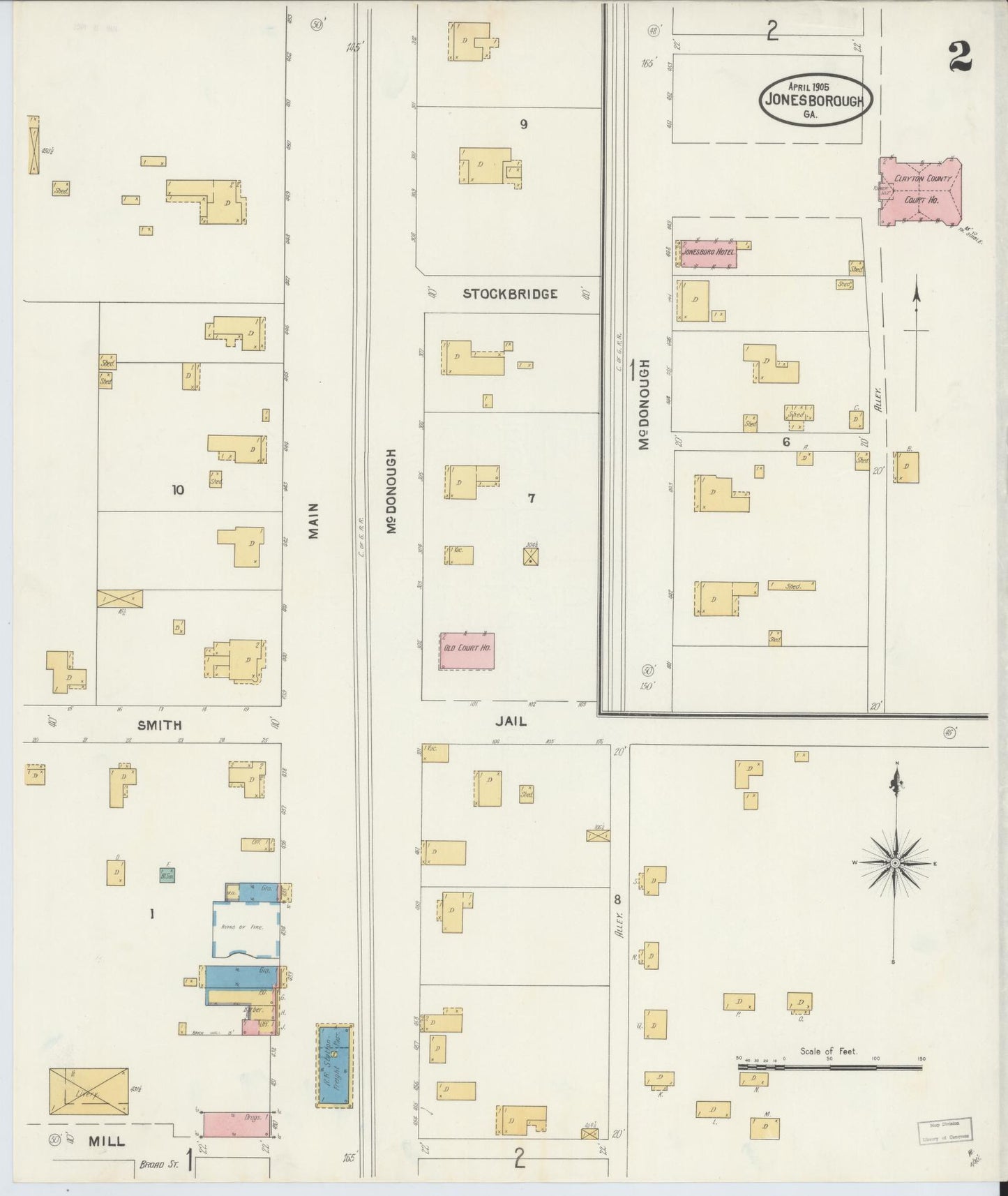 Sanborn Fire Insurance Map from Jonesboro, Clayton County, Georgia (1905), Sheet #0002 - Complete Map Set gallery image, historic Sanborn map, vintage wall art, Georgia Georgia