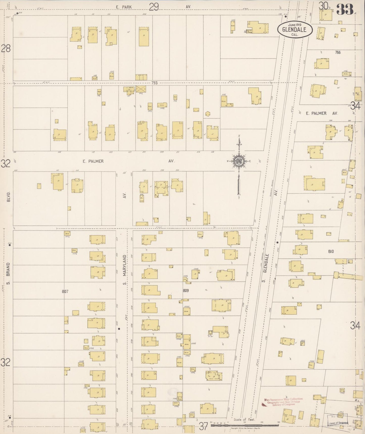 Sanborn Fire Insurance Map from Glendale, Los Angeles County, California (1919), Sheet #0033 - Historic Sanborn Fire Insurance Map Print, vintage old map wall art, antique decor, genealogy gift, California California map