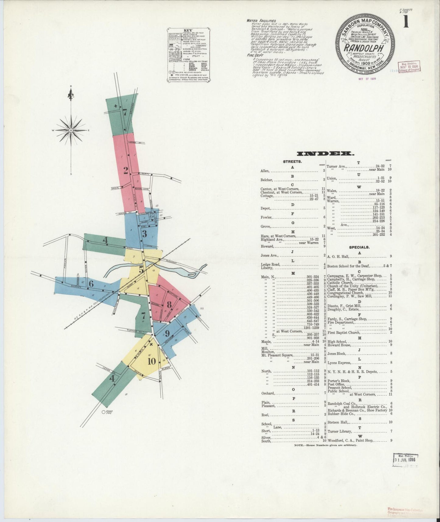 Sanborn Fire Insurance Map from Randolph, Norfolk County, Massachusetts (1909), Sheet #0001 - Historic Sanborn Fire Insurance Map Print, vintage old map wall art, antique decor, genealogy gift, Massachusetts Massachusetts map