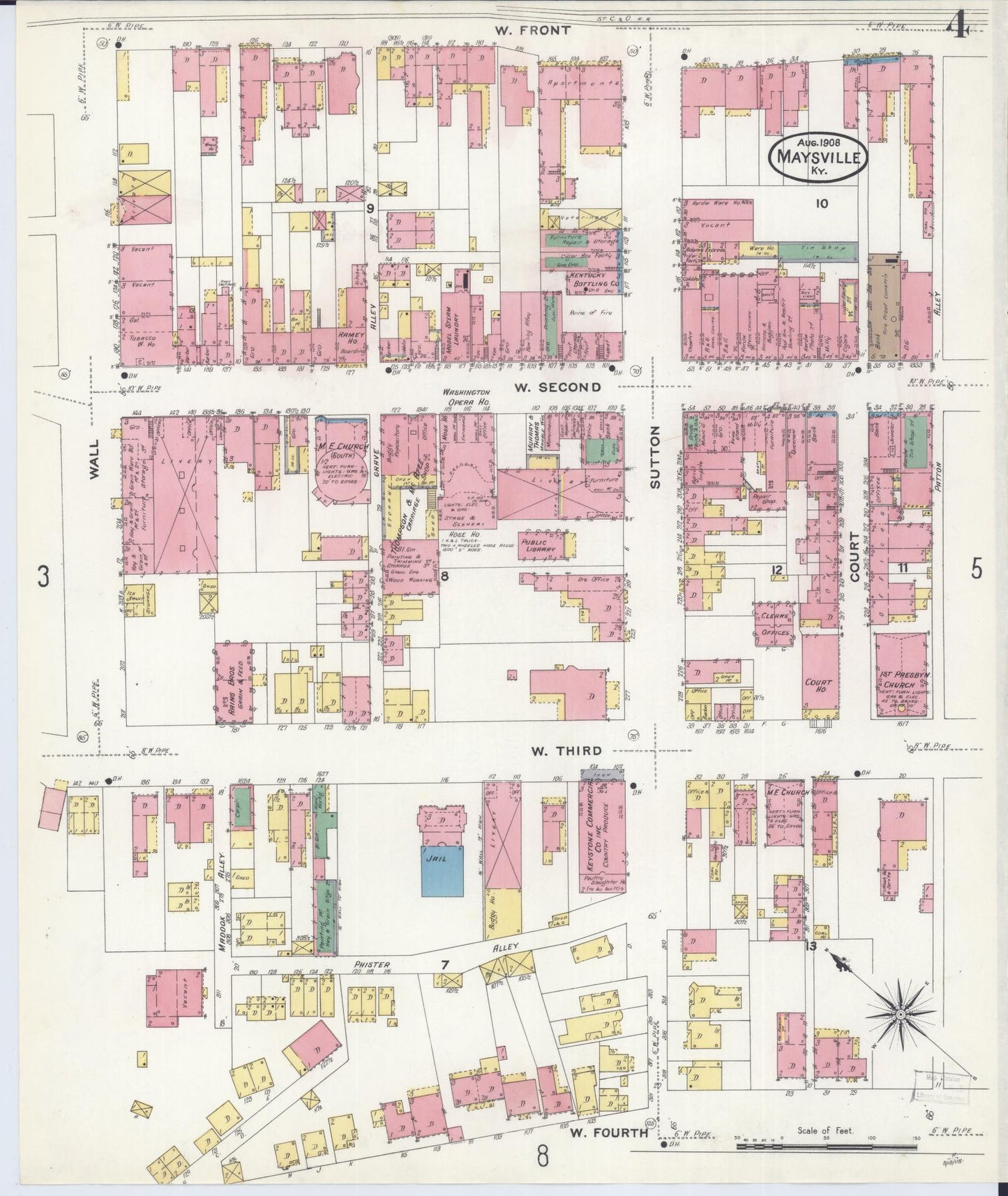 Sanborn Fire Insurance Map from Maysville, Mason County, Kentucky (1908), Sheet #0004 - Historic Sanborn Fire Insurance Map Print, vintage old map wall art, antique decor, genealogy gift, Kentucky Kentucky map