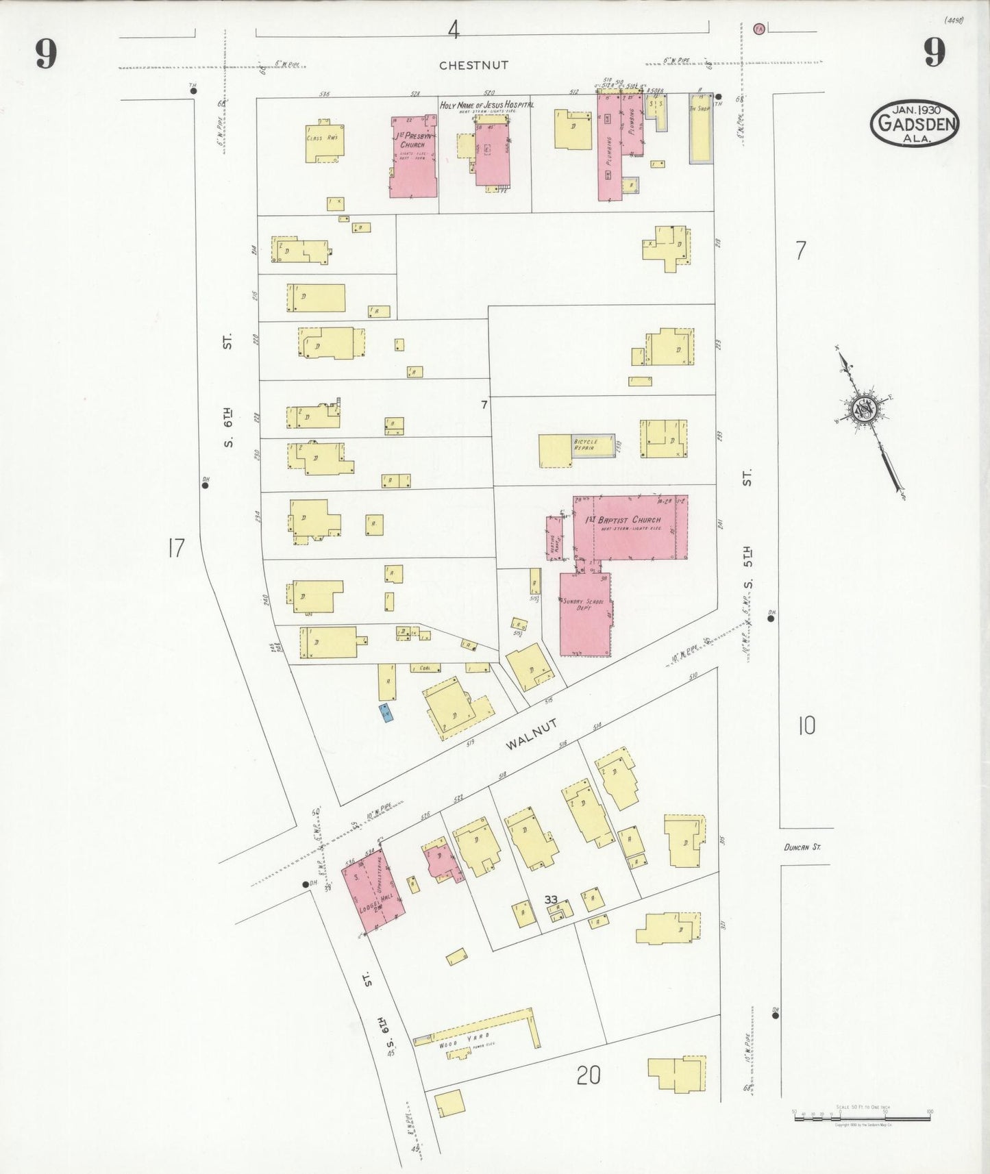 Sanborn Fire Insurance Map from Gadsden, Etowah County, Alabama (1930), Sheet #0009 - Historic Sanborn Fire Insurance Map Print, vintage old map wall art, antique decor, genealogy gift, Alabama Alabama map
