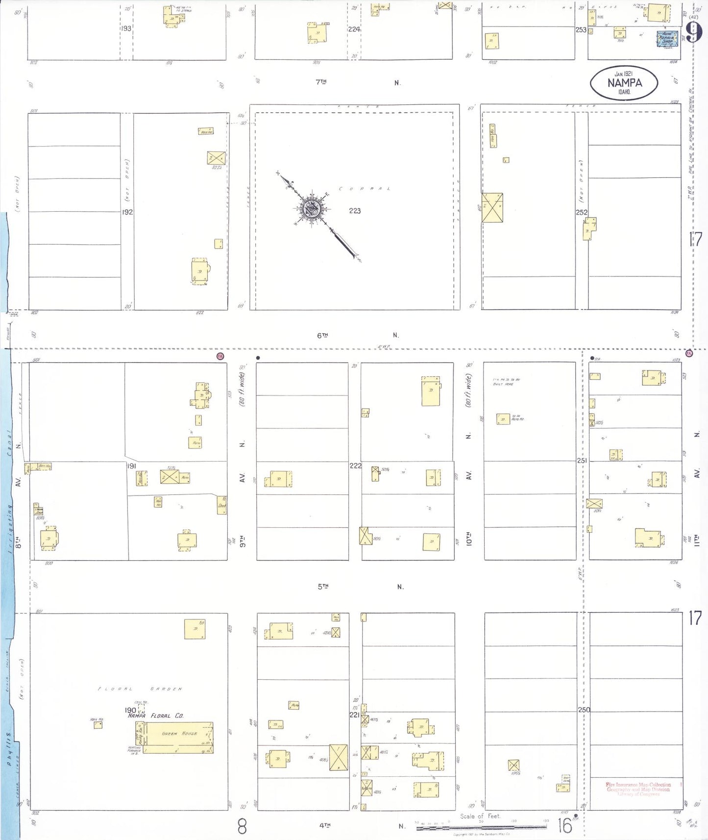 Sanborn Fire Insurance Map from Nampa, Canyon County, Idaho (1921), Sheet #0009 - Historic Sanborn Fire Insurance Map Print, vintage old map wall art, antique decor, genealogy gift, Idaho Idaho map