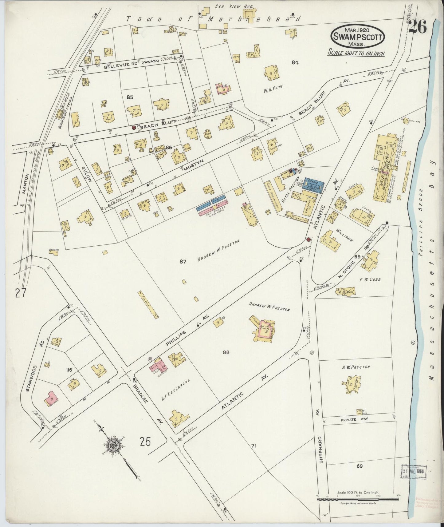 Sanborn Fire Insurance Map from Swampscott, Essex County, Massachusetts (1920), Sheet #0026 - Historic Sanborn Fire Insurance Map Print, vintage old map wall art, antique decor, genealogy gift, Massachusetts Massachusetts map