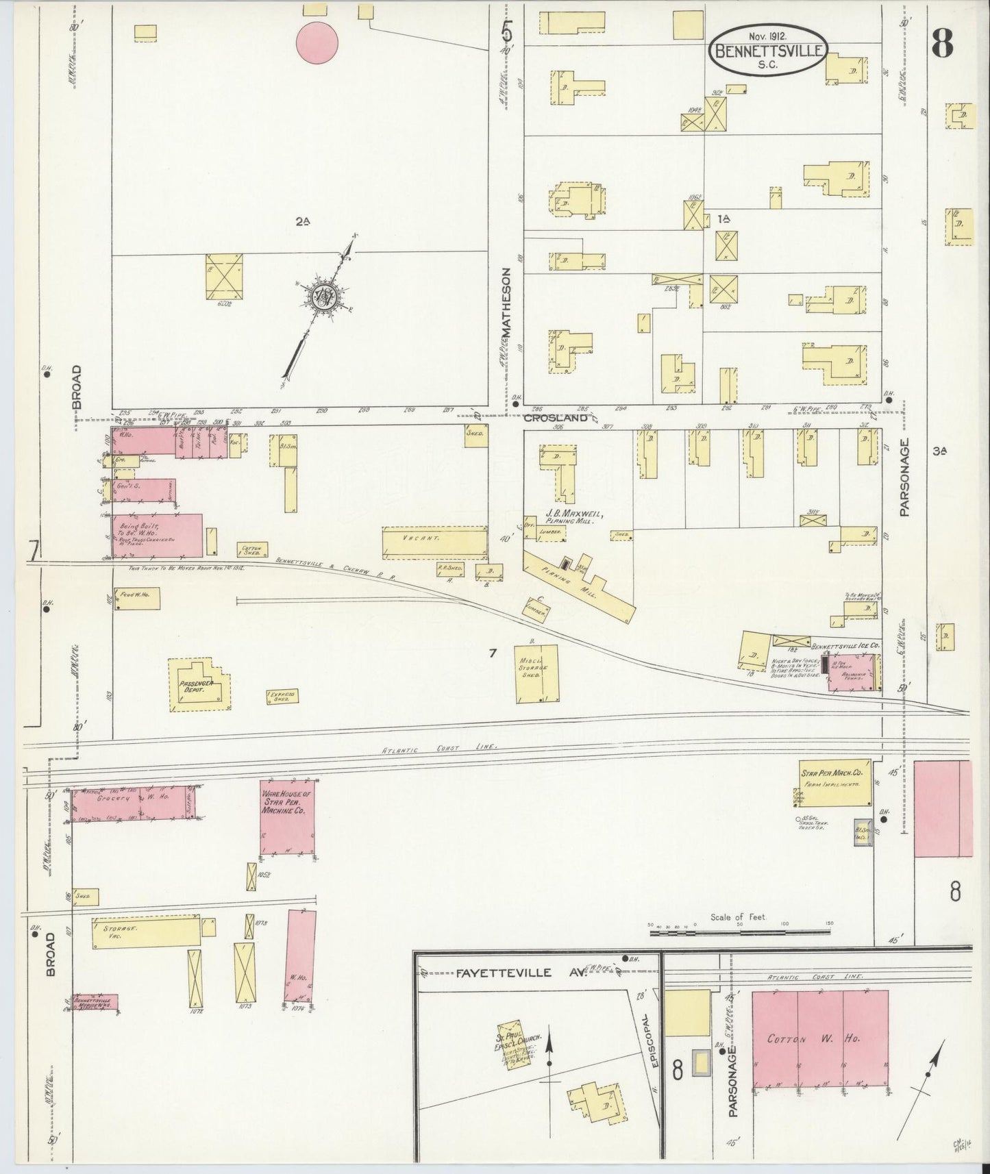 Sanborn Fire Insurance Map from Bennettsville, Marlboro County, South Carolina (1912), Sheet #0008 - Historic Sanborn Fire Insurance Map Print, vintage old map wall art, antique decor, genealogy gift, South Carolina South Carolina map