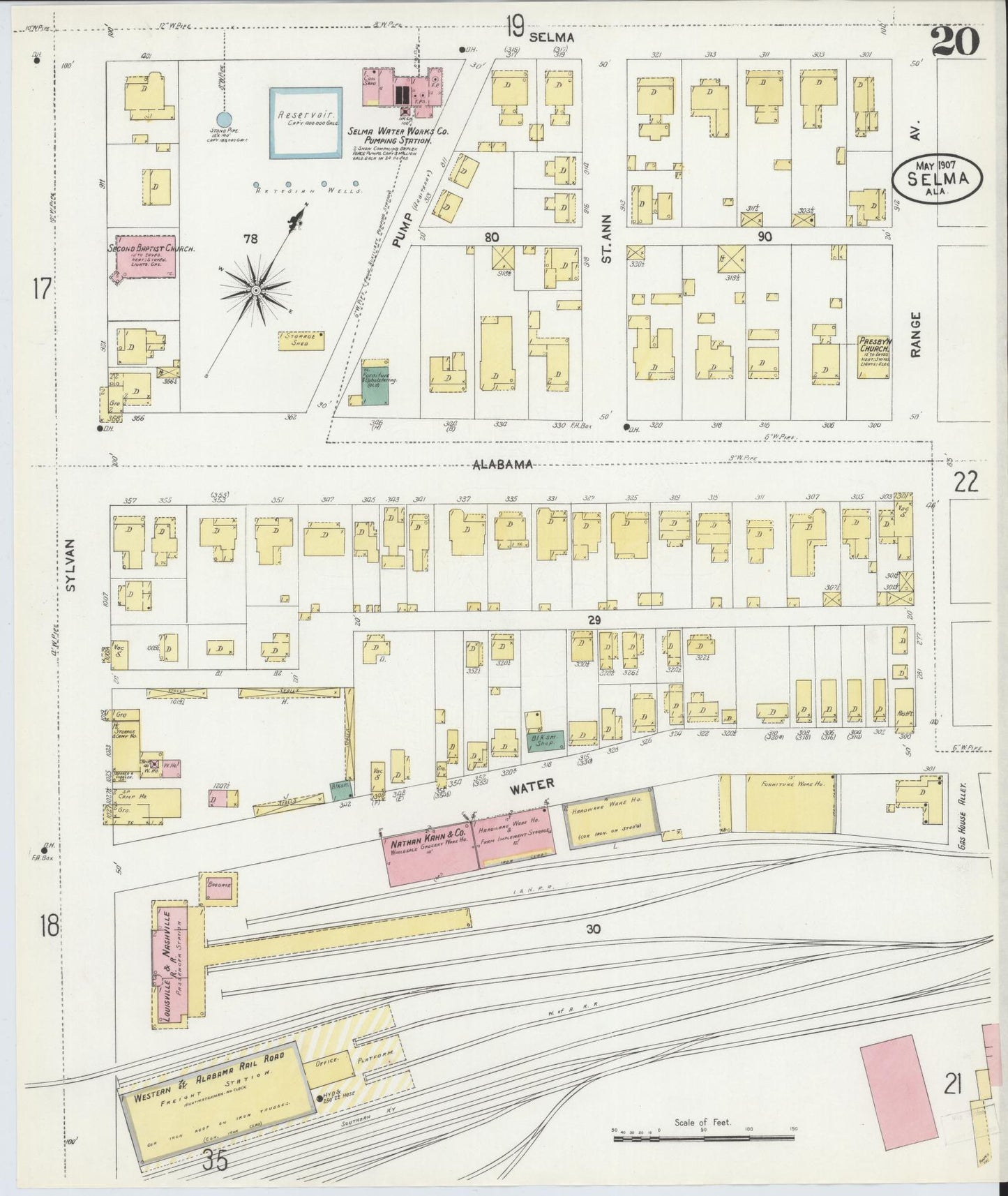 Sanborn Fire Insurance Map from Selma, Dallas County, Alabama (1907), Sheet #0020 - Historic Sanborn Fire Insurance Map Print, vintage old map wall art, antique decor, genealogy gift, Alabama Alabama map