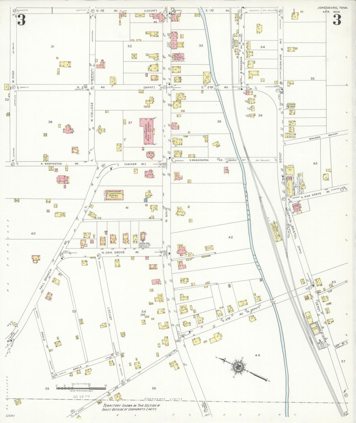 Sanborn Fire Insurance Map from Jonesboro, Washington County, Tennessee (1939), Sheet #0003 - Historic Sanborn Fire Insurance Map Print, vintage old map wall art, antique decor, genealogy gift, Tennessee Tennessee map
