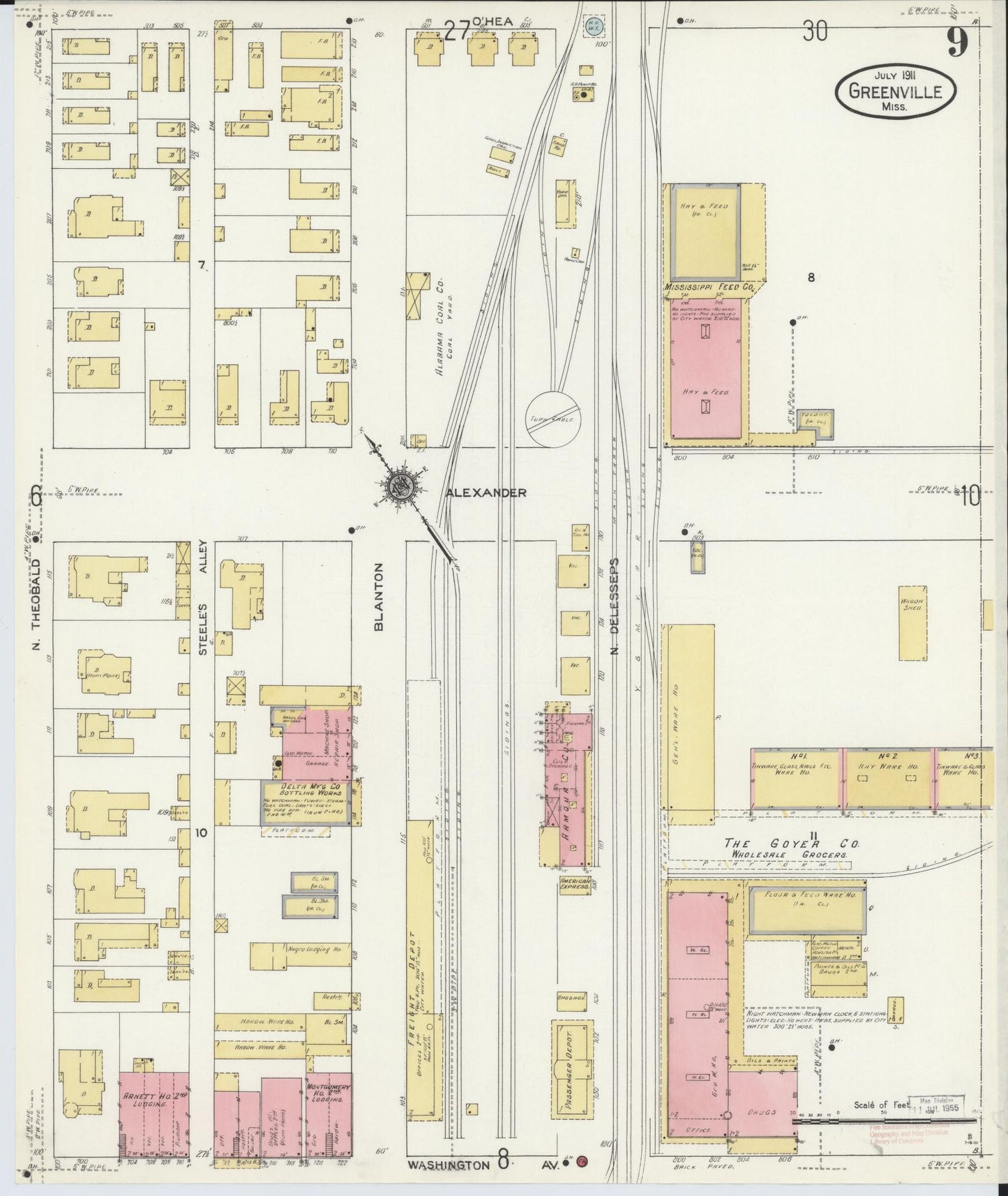 Sanborn Fire Insurance Map from Greenville, Washington County, Mississippi (1911), Sheet #0009 - Historic Sanborn Fire Insurance Map Print, vintage old map wall art, antique decor, genealogy gift, Mississippi Mississippi map
