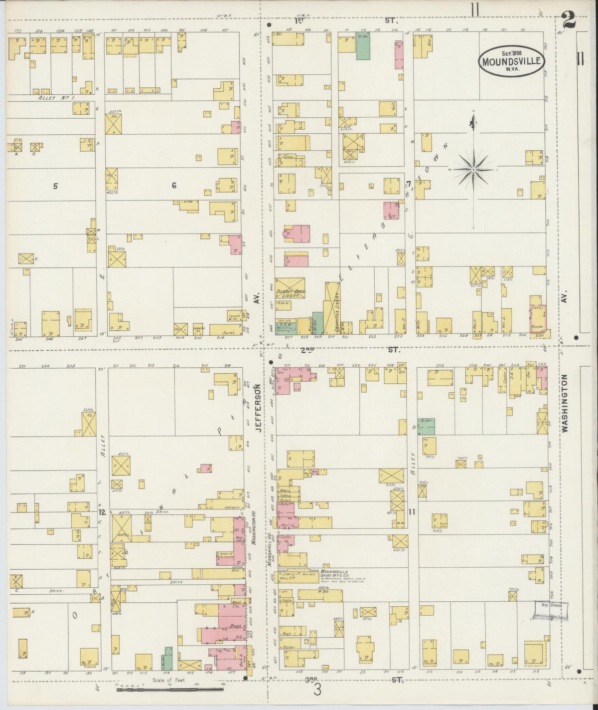 Sanborn Fire Insurance Map from Moundsville, Marshall County, West Virginia (1898), Sheet #0002 - Historic Sanborn Fire Insurance Map Print, vintage old map wall art, antique decor, genealogy gift, West Virginia West Virginia map