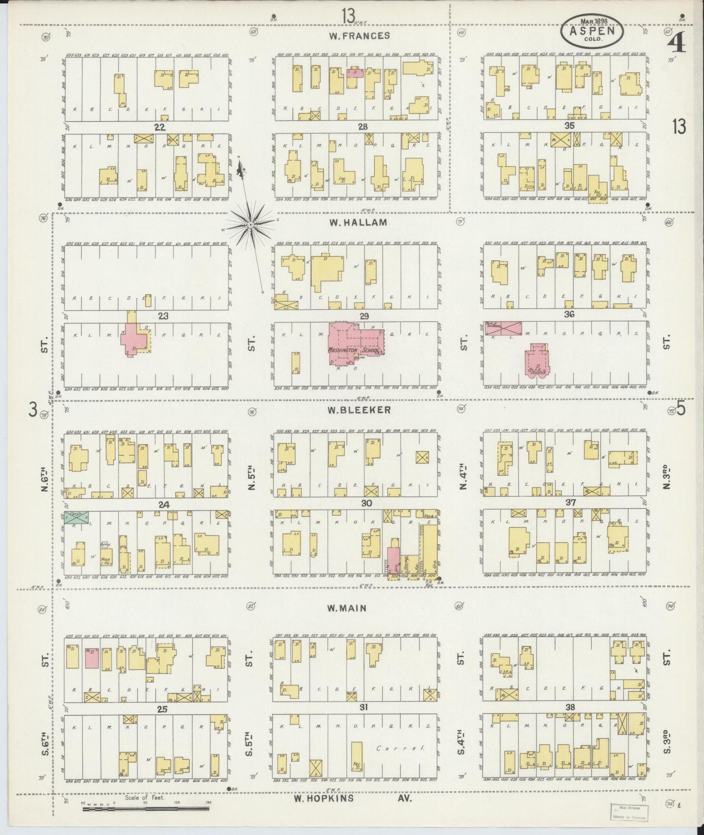 Sanborn Fire Insurance Map from Aspen, Pitkin County, Colorado (1898), Sheet #0004 - Historic Sanborn Fire Insurance Map Print, vintage old map wall art, antique decor, genealogy gift, Colorado Colorado map