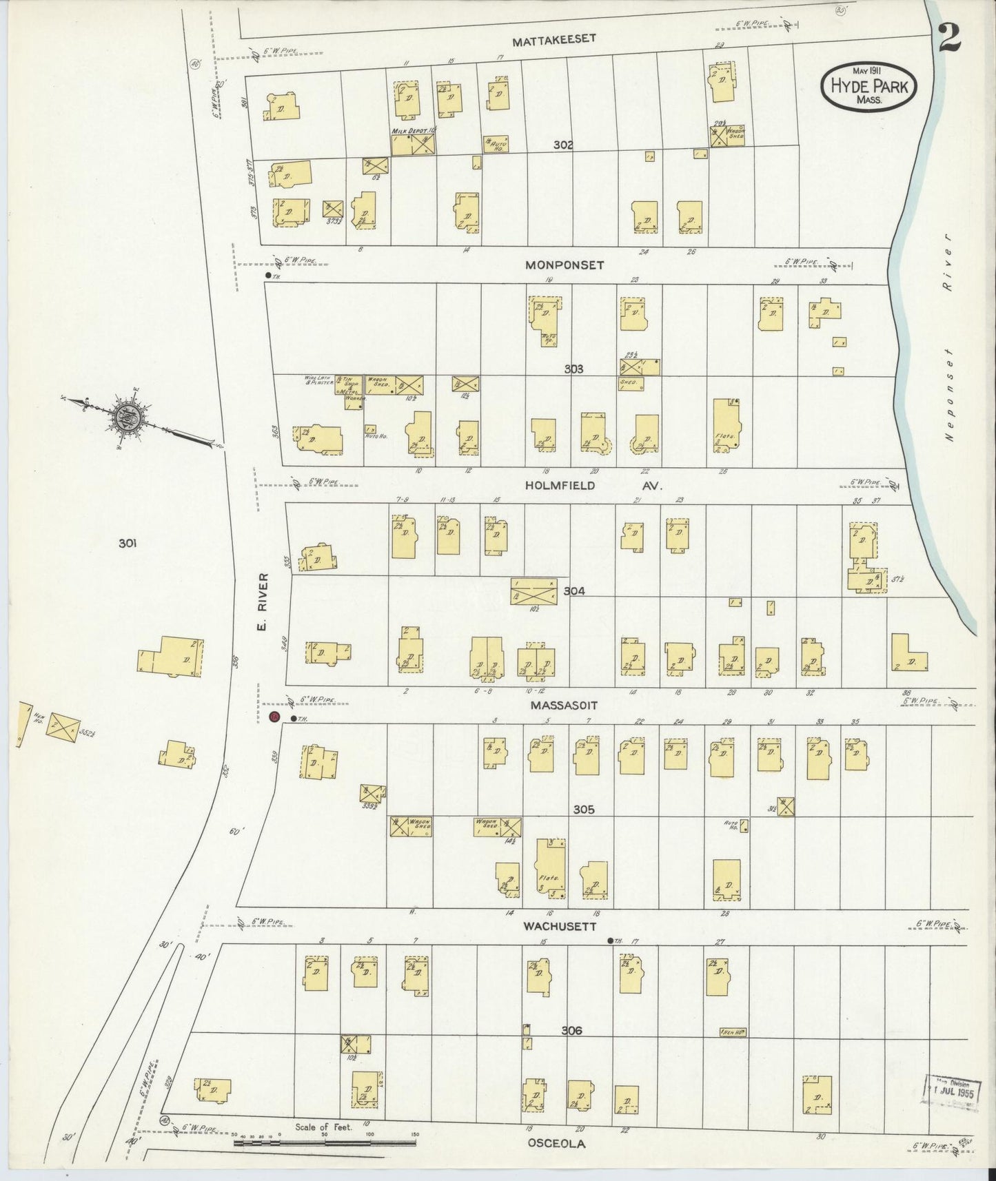 Sanborn Fire Insurance Map from Hyde Park, Norfolk County, Massachusetts (1911), Sheet #0002 - Historic Sanborn Fire Insurance Map Print, vintage old map wall art, antique decor, genealogy gift, Massachusetts Massachusetts map