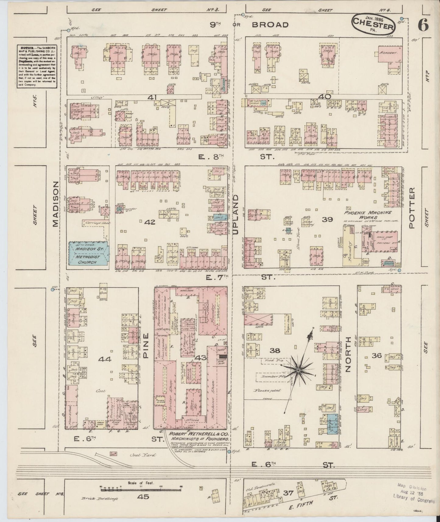 Sanborn Fire Insurance Map from Chester, Delaware County, Pennsylvania (1885), Sheet #0006 - Historic Sanborn Fire Insurance Map Print, vintage old map wall art, antique decor, genealogy gift, Chester Delaware map