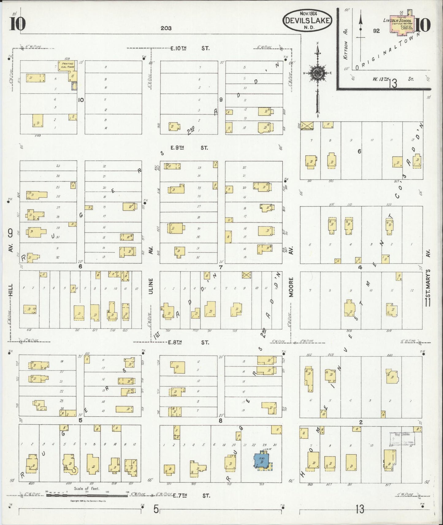 Sanborn Fire Insurance Map from Devils Lake, Ramsey County, North Dakota (1924), Sheet #0010 - Historic Sanborn Fire Insurance Map Print, vintage old map wall art, antique decor, genealogy gift, North Dakota North Dakota map