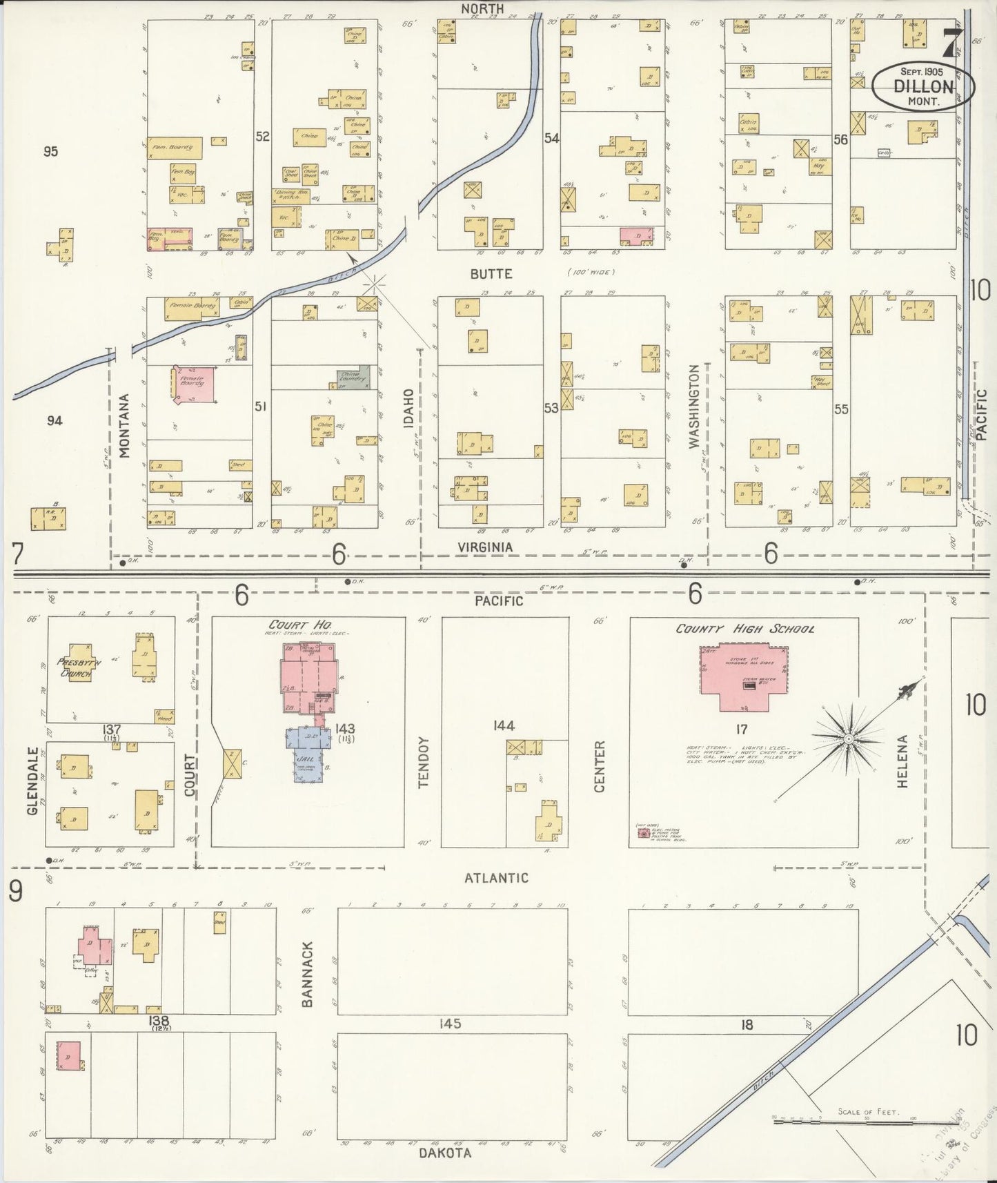 Sanborn Fire Insurance Map from Dillon, Beaverhead County, Montana (1905), Sheet #0007 - Historic Sanborn Fire Insurance Map Print, vintage old map wall art, antique decor, genealogy gift, Montana Montana map